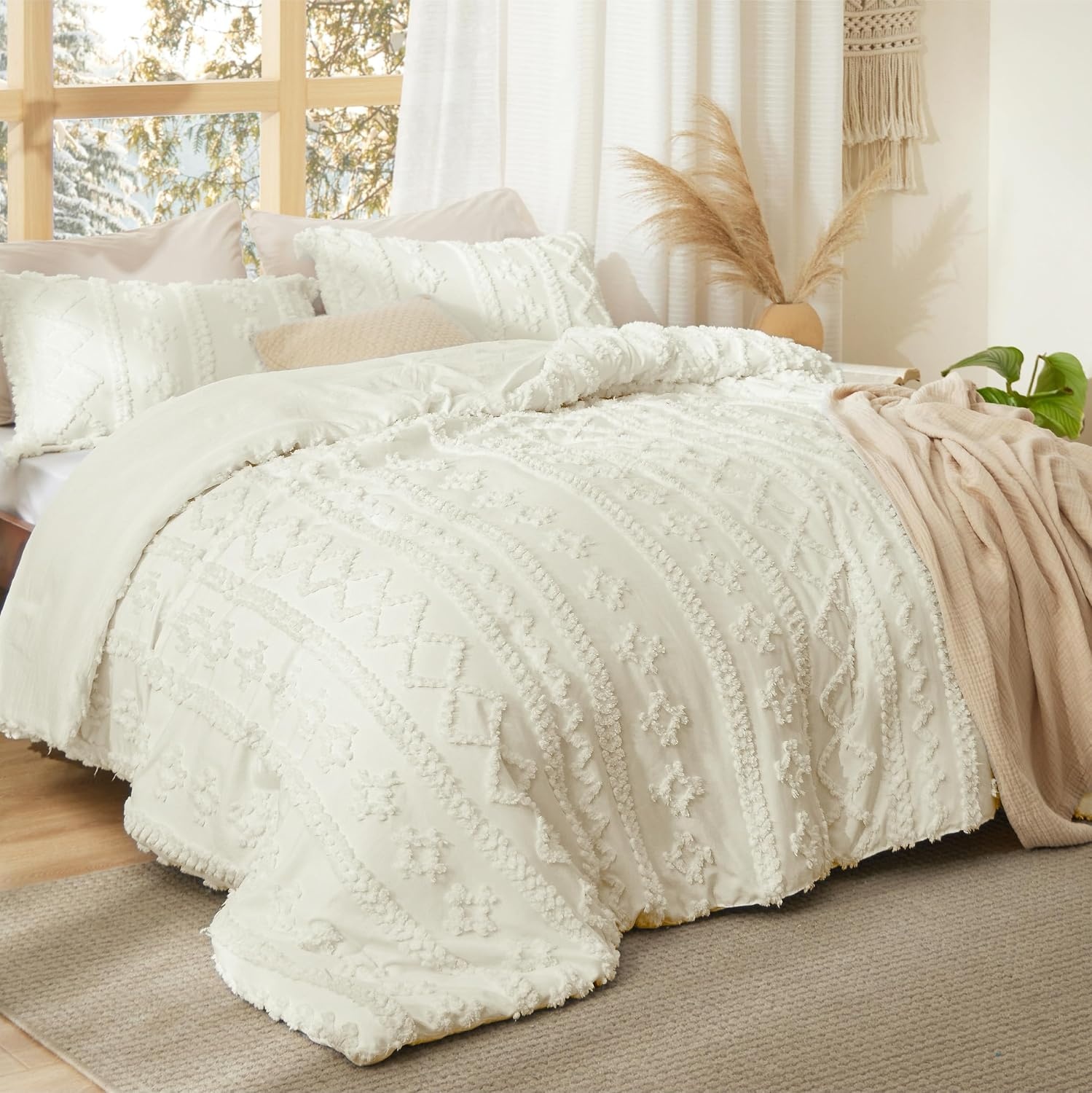 image:imageBedsure Tufted Boho Comforter Set Queen Size Beige Boho Bed Set GentleSoft 3 Pieces FarmhouseStyle Embroidery Bedding Gifts for Woman Soft Jacquard Kids Queen Comforter for All Seasons11 White Elegant