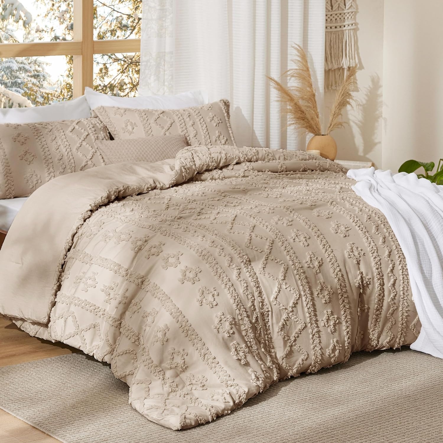 image:imageBedsure Tufted Boho Comforter Set Queen Size Beige Boho Bed Set GentleSoft 3 Pieces FarmhouseStyle Embroidery Bedding Gifts for Woman Soft Jacquard Kids Queen Comforter for All Seasons09 Light Brown Elegant