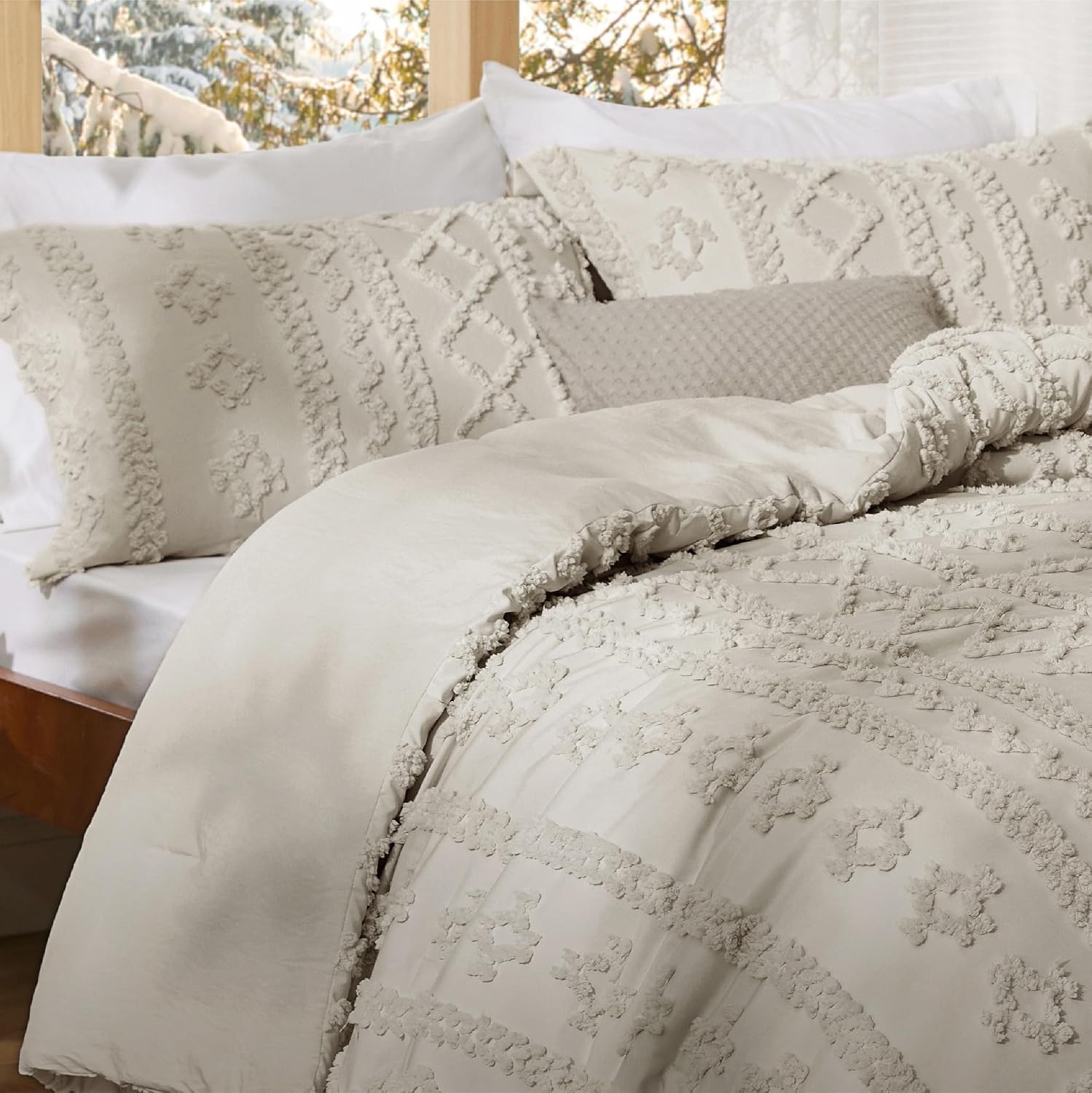 image:imageBedsure Tufted Boho Comforter Set Queen Size Beige Boho Bed Set GentleSoft 3 Pieces FarmhouseStyle Embroidery Bedding Gifts for Woman Soft Jacquard Kids Queen Comforter for All Seasons08 Linen Elegant