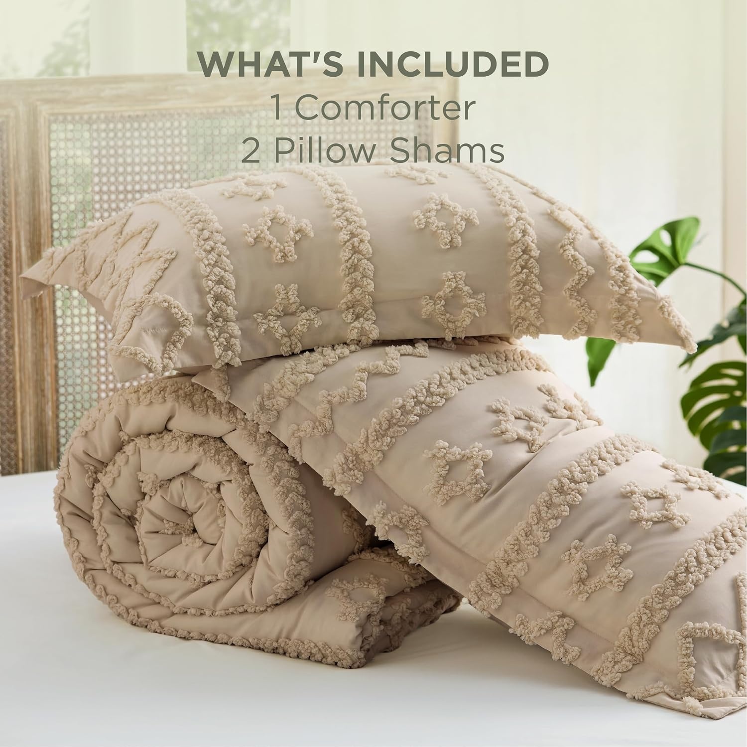 image:imageBedsure Tufted Boho Comforter Set Queen Size Beige Boho Bed Set GentleSoft 3 Pieces FarmhouseStyle Embroidery Bedding Gifts for Woman Soft Jacquard Kids Queen Comforter for All Seasons09 Light Brown Elegant