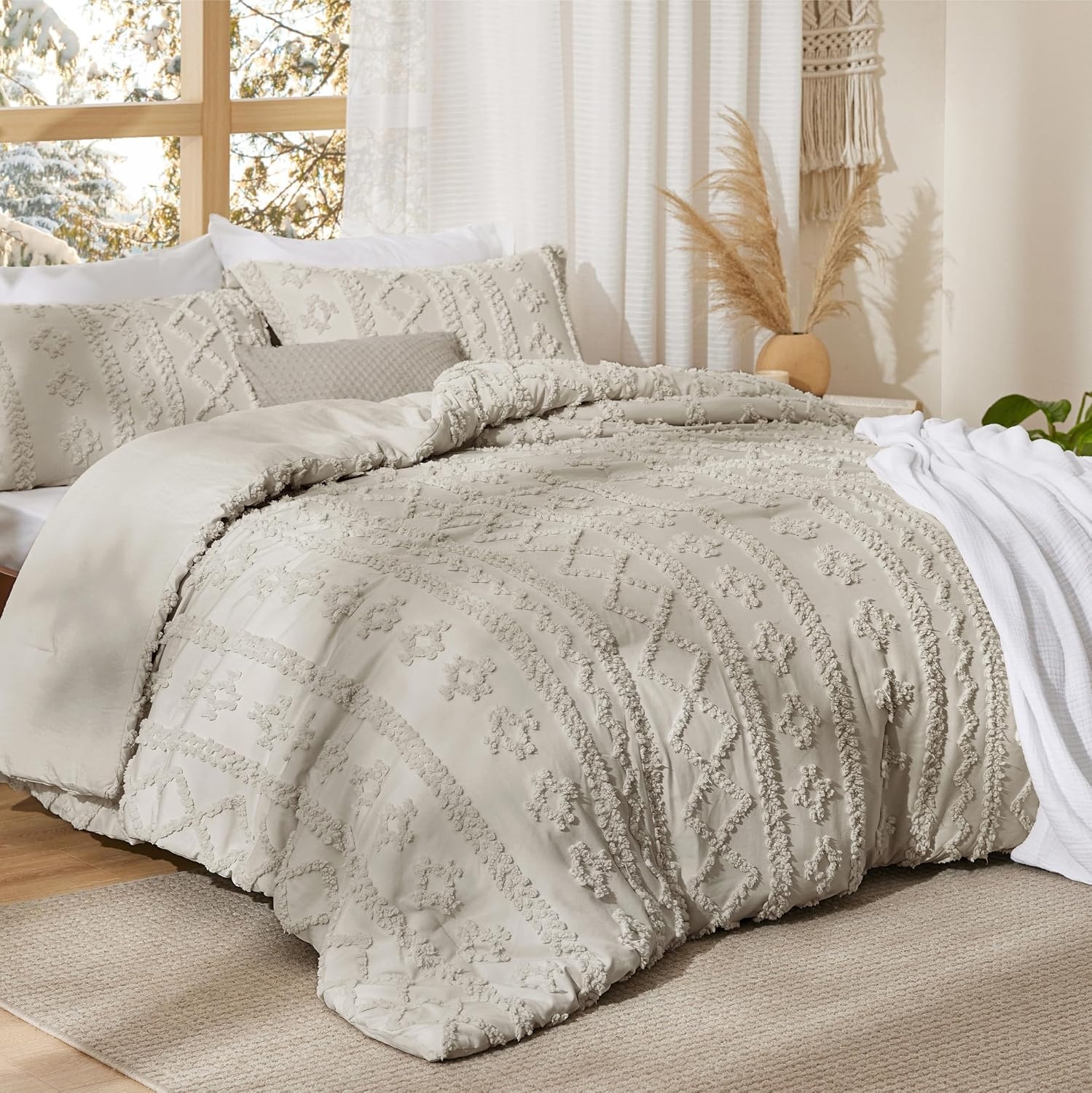 image:imageBedsure Tufted Boho Comforter Set Queen Size Beige Boho Bed Set GentleSoft 3 Pieces FarmhouseStyle Embroidery Bedding Gifts for Woman Soft Jacquard Kids Queen Comforter for All Seasons08 Linen Elegant