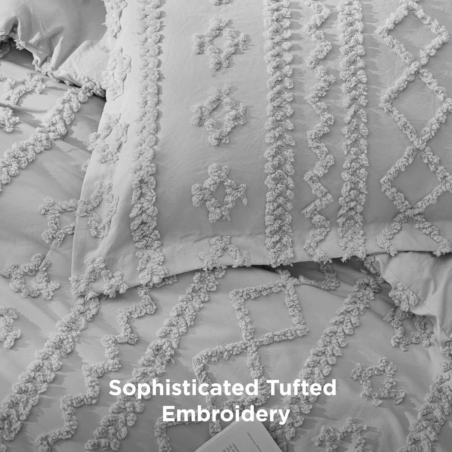 image:imageBedsure Tufted Boho Comforter Set Queen Size Beige Boho Bed Set GentleSoft 3 Pieces FarmhouseStyle Embroidery Bedding Gifts for Woman Soft Jacquard Kids Queen Comforter for All Seasons18 Light Grey Elegant