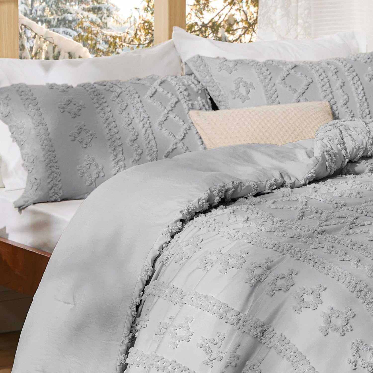 image:imageBedsure Tufted Boho Comforter Set Queen Size Beige Boho Bed Set GentleSoft 3 Pieces FarmhouseStyle Embroidery Bedding Gifts for Woman Soft Jacquard Kids Queen Comforter for All Seasons18 Light Grey Elegant