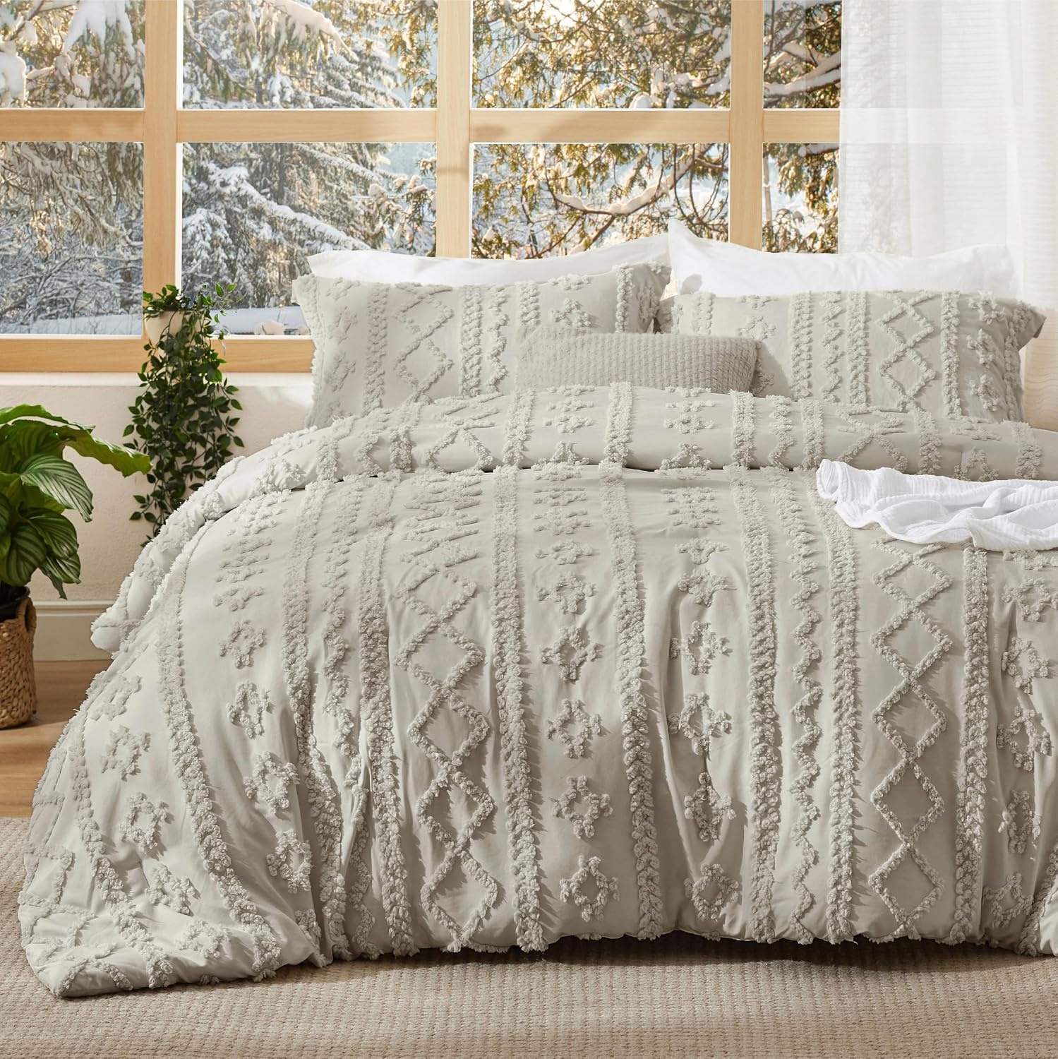 image:imageBedsure Tufted Boho Comforter Set Queen Size Beige Boho Bed Set GentleSoft 3 Pieces FarmhouseStyle Embroidery Bedding Gifts for Woman Soft Jacquard Kids Queen Comforter for All Seasons08 Linen Elegant