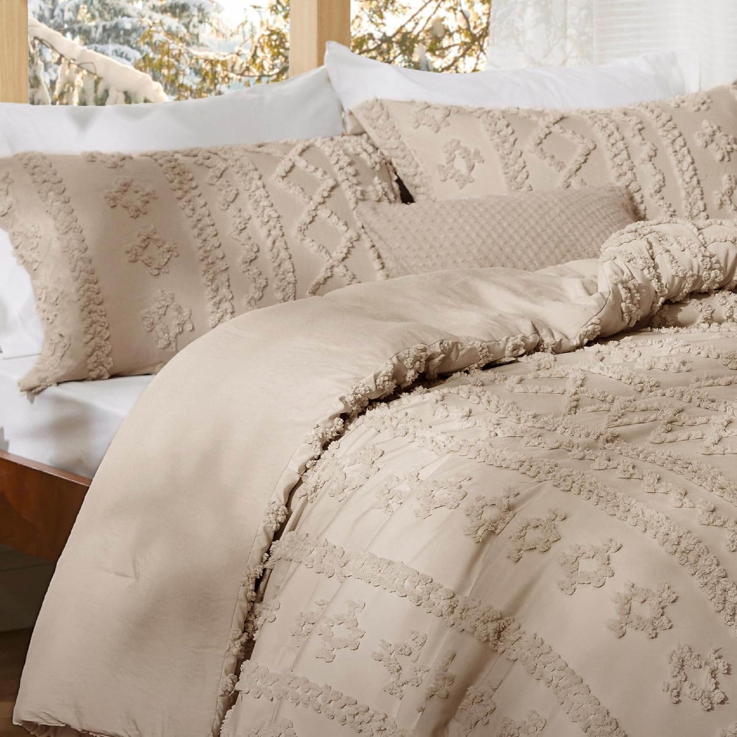 image:imageBedsure Tufted Boho Comforter Set Queen Size Beige Boho Bed Set GentleSoft 3 Pieces FarmhouseStyle Embroidery Bedding Gifts for Woman Soft Jacquard Kids Queen Comforter for All Seasons09 Light Brown Elegant