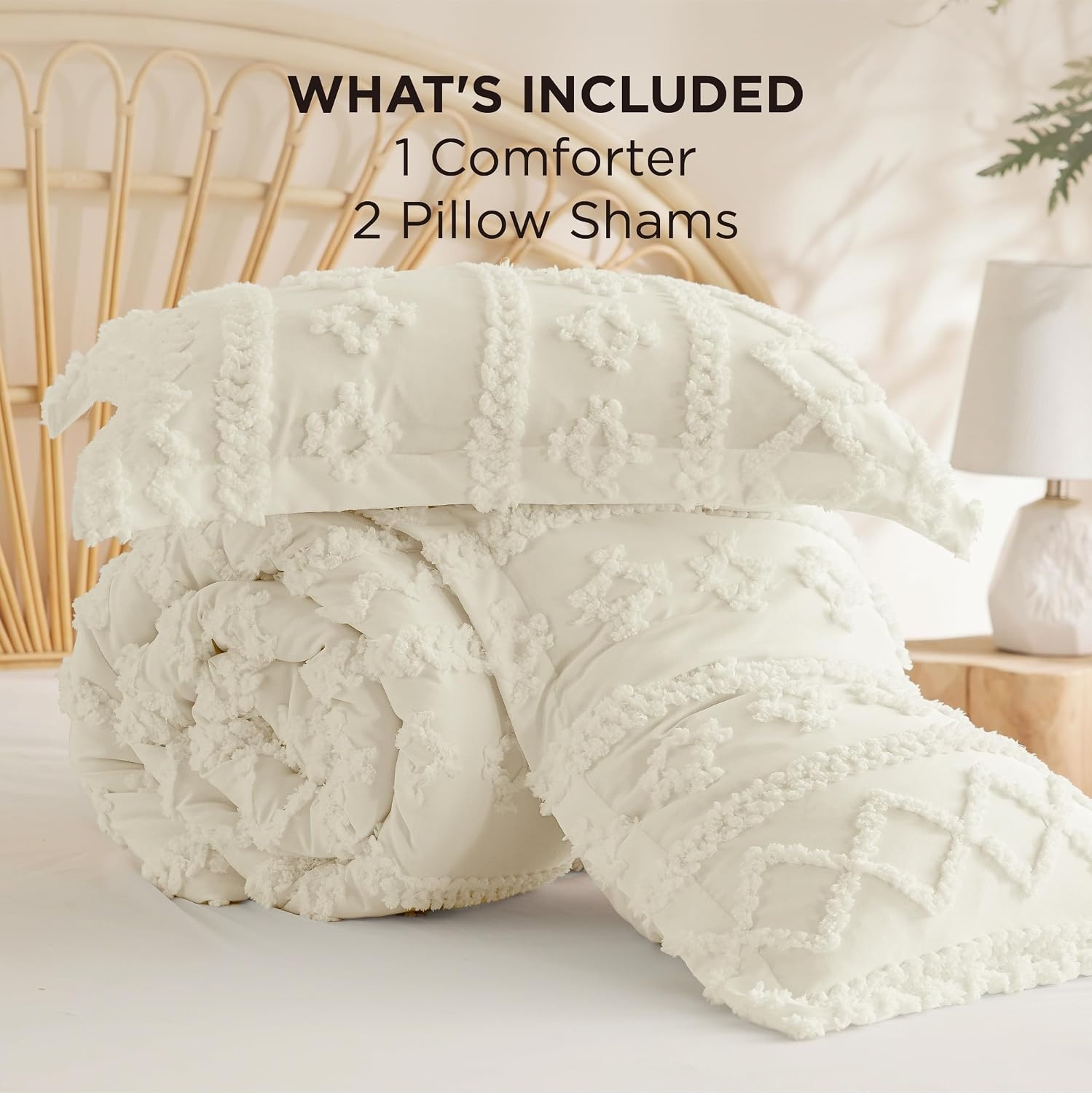 image:imageBedsure Tufted Boho Comforter Set Queen Size Beige Boho Bed Set GentleSoft 3 Pieces FarmhouseStyle Embroidery Bedding Gifts for Woman Soft Jacquard Kids Queen Comforter for All Seasons11 White Elegant