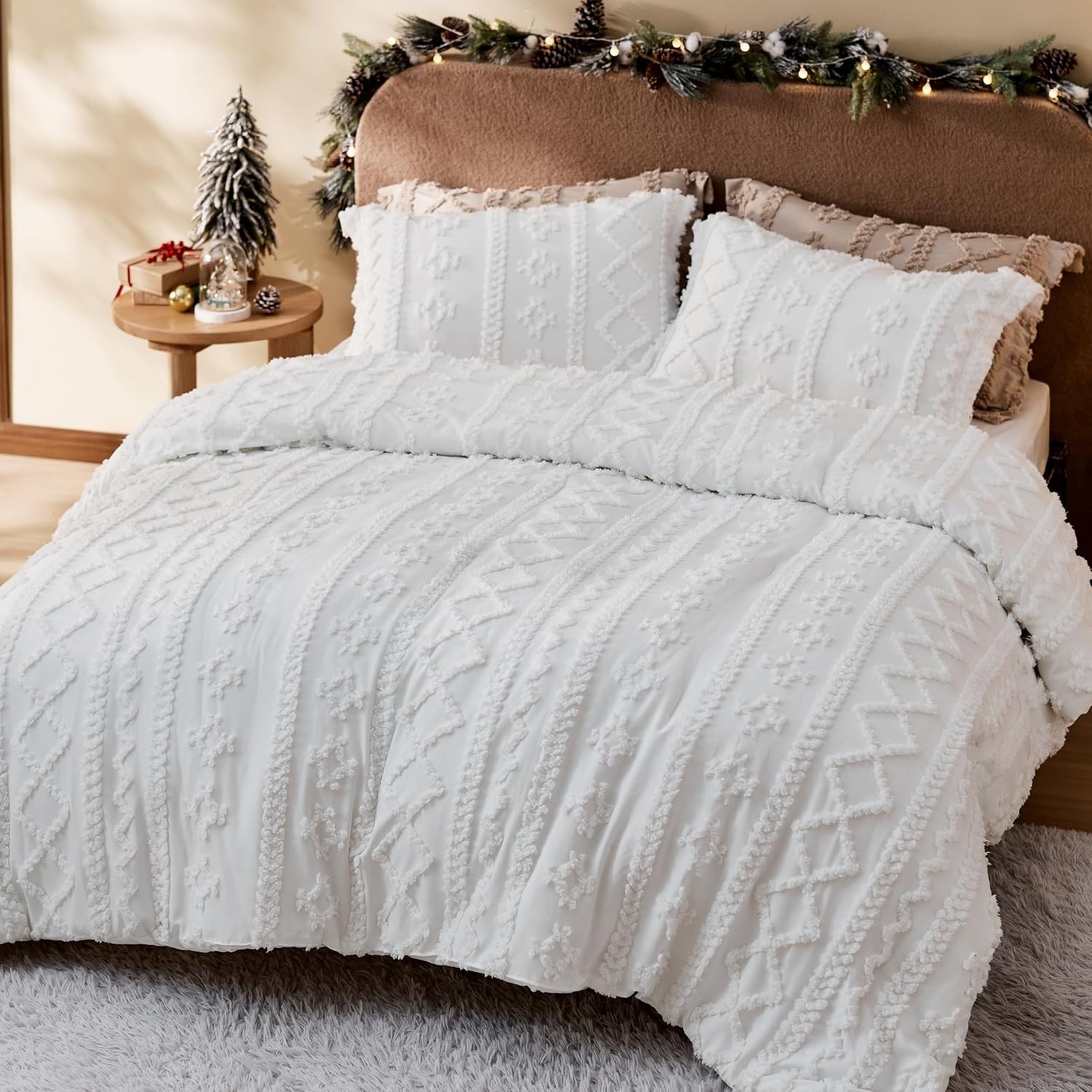 image:imageBedsure Tufted Boho Comforter Set Queen Size Beige Boho Bed Set GentleSoft 3 Pieces FarmhouseStyle Embroidery Bedding Gifts for Woman Soft Jacquard Kids Queen Comforter for All Seasons02 Bright White Elegant