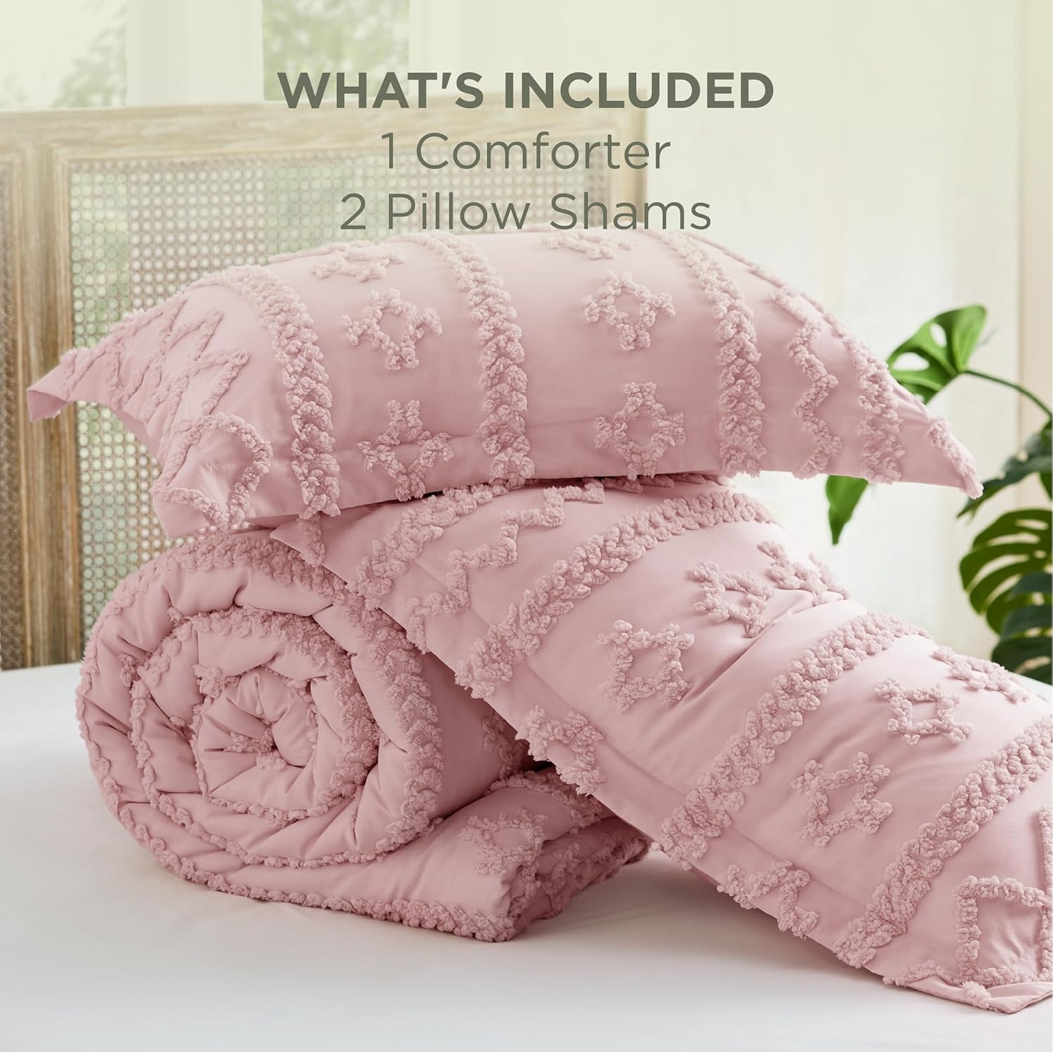 image:imageBedsure Tufted Boho Comforter Set Queen Size Beige Boho Bed Set GentleSoft 3 Pieces FarmhouseStyle Embroidery Bedding Gifts for Woman Soft Jacquard Kids Queen Comforter for All Seasons24 Pink Elegant