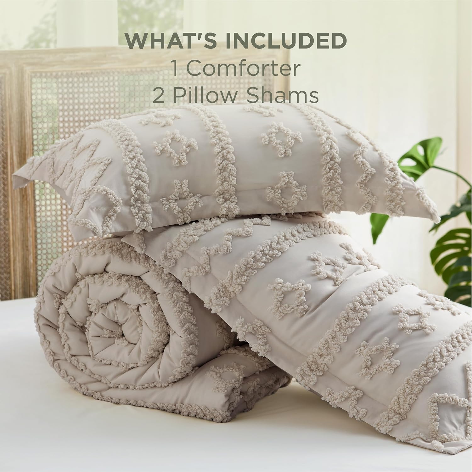 image:imageBedsure Tufted Boho Comforter Set Queen Size Beige Boho Bed Set GentleSoft 3 Pieces FarmhouseStyle Embroidery Bedding Gifts for Woman Soft Jacquard Kids Queen Comforter for All Seasons08 Linen Elegant