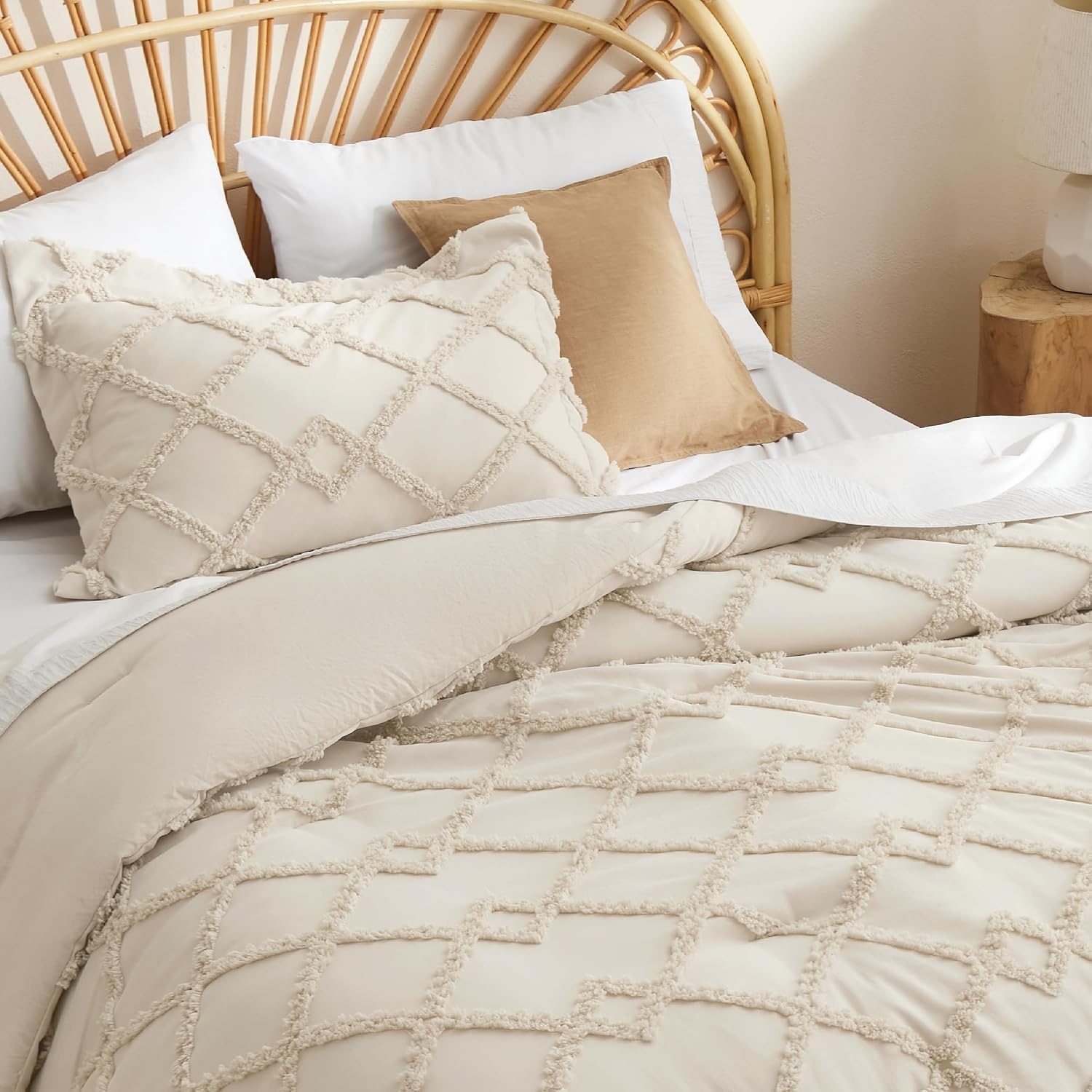 image:imageBedsure Tufted Boho Comforter Set Queen Size Beige Boho Bed Set GentleSoft 3 Pieces FarmhouseStyle Embroidery Bedding Gifts for Woman Soft Jacquard Kids Queen Comforter for All SeasonsBeige and White
