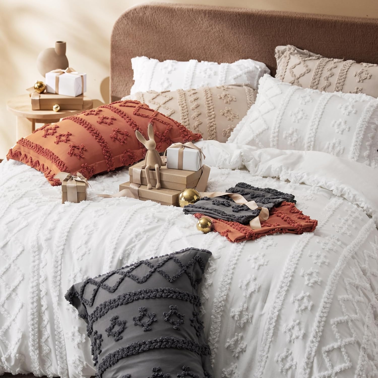 image:imageBedsure Tufted Boho Comforter Set Queen Size Beige Boho Bed Set GentleSoft 3 Pieces FarmhouseStyle Embroidery Bedding Gifts for Woman Soft Jacquard Kids Queen Comforter for All Seasons02 Bright White Elegant