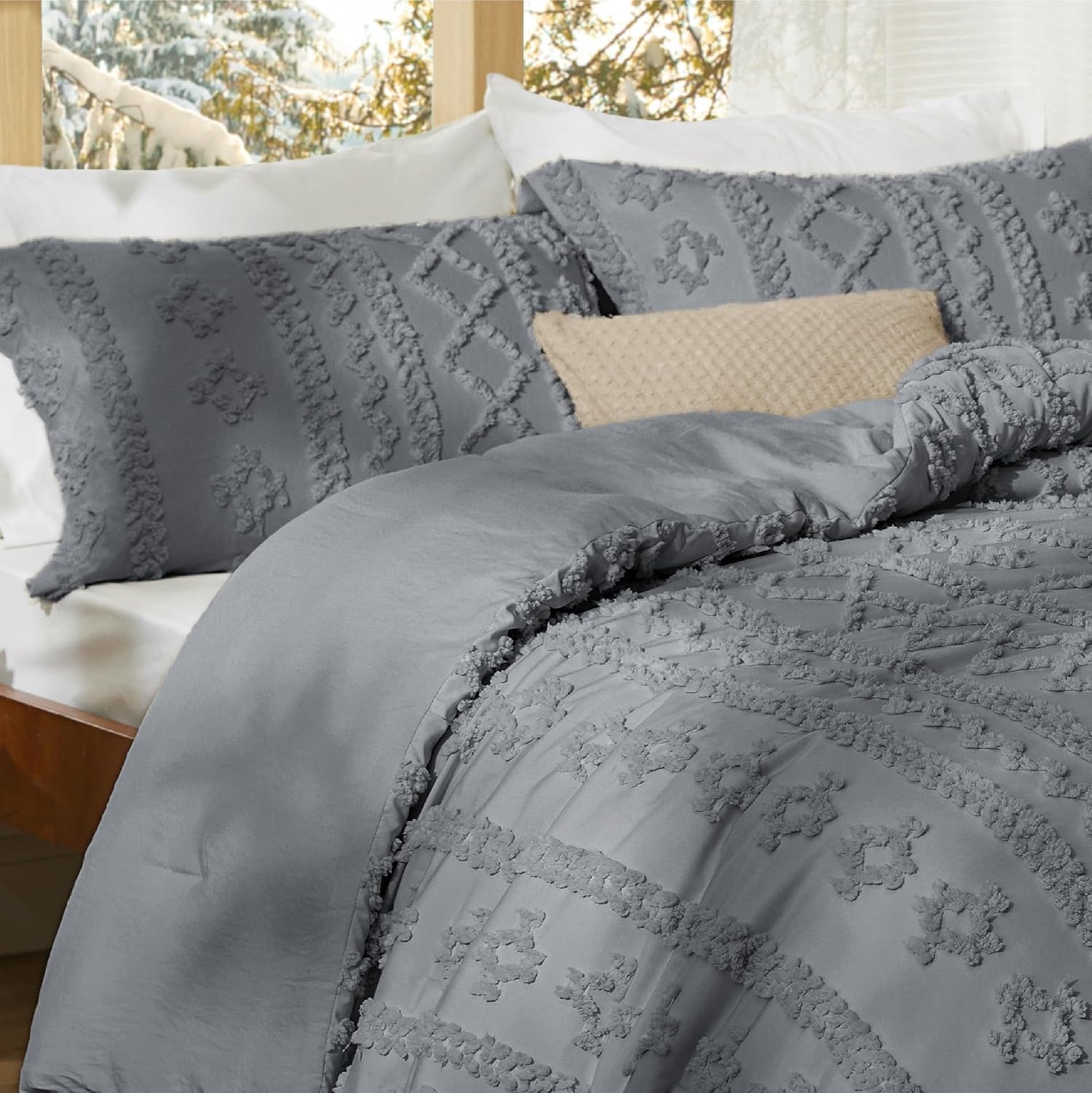 image:imageBedsure Tufted Boho Comforter Set Queen Size Beige Boho Bed Set GentleSoft 3 Pieces FarmhouseStyle Embroidery Bedding Gifts for Woman Soft Jacquard Kids Queen Comforter for All Seasons17 Grey Elegant