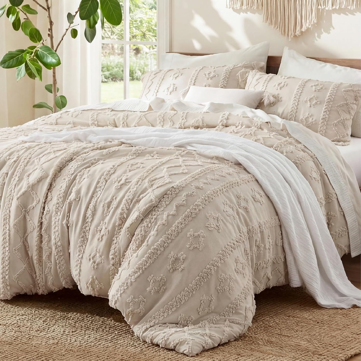 image:imageBedsure Tufted Boho Comforter Set Queen Size Beige Boho Bed Set GentleSoft 3 Pieces FarmhouseStyle Embroidery Bedding Gifts for Woman Soft Jacquard Kids Queen Comforter for All Seasons01 Beige Elegant