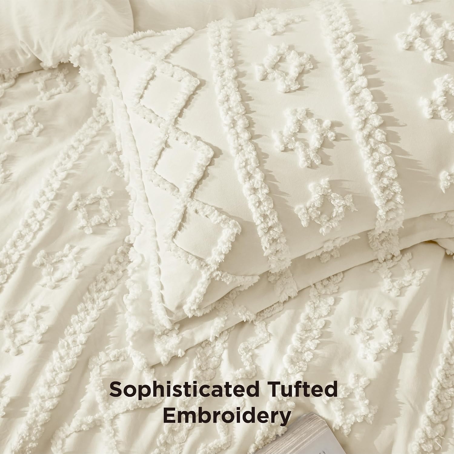 image:imageBedsure Tufted Boho Comforter Set Queen Size Beige Boho Bed Set GentleSoft 3 Pieces FarmhouseStyle Embroidery Bedding Gifts for Woman Soft Jacquard Kids Queen Comforter for All Seasons11 White Elegant