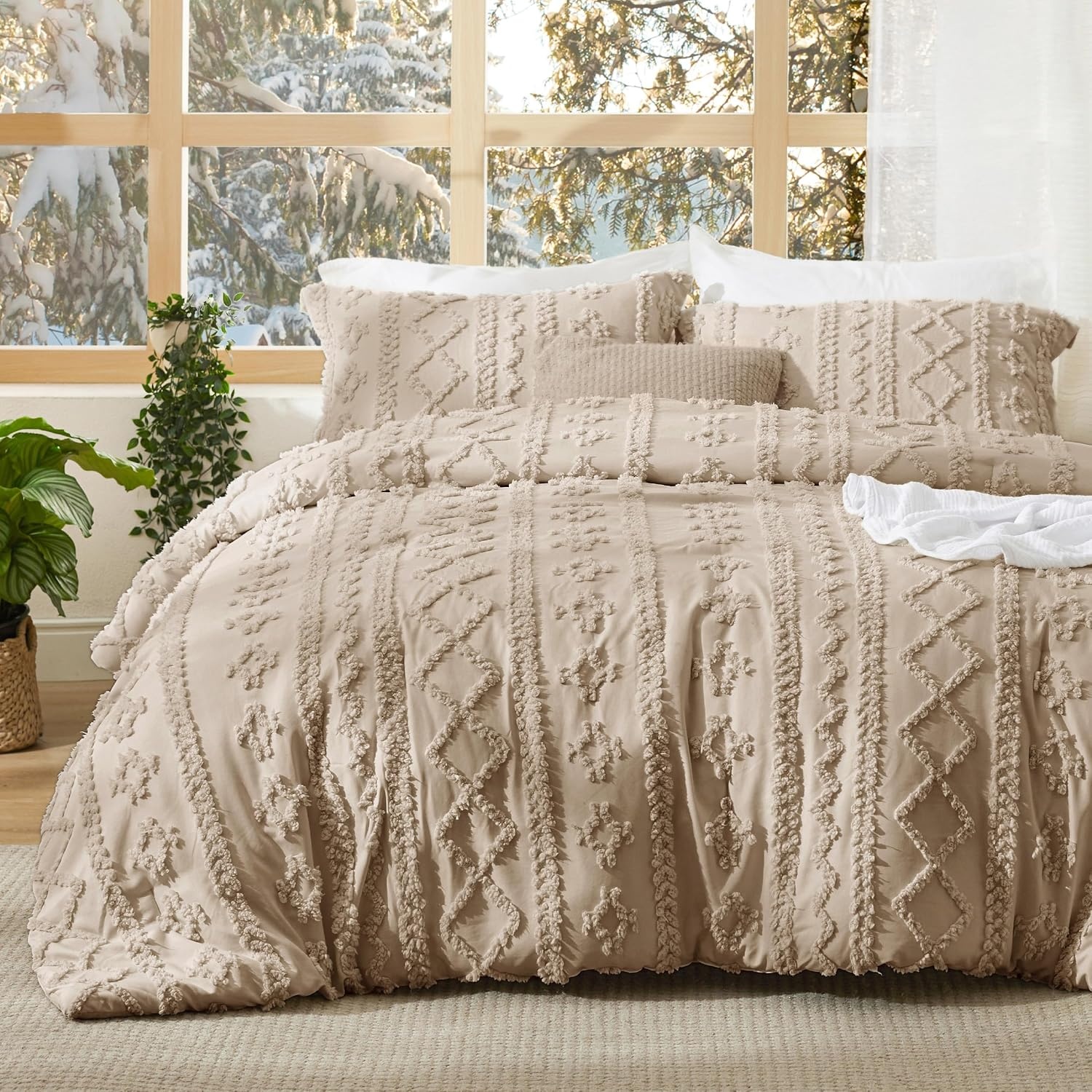 image:imageBedsure Tufted Boho Comforter Set Queen Size Beige Boho Bed Set GentleSoft 3 Pieces FarmhouseStyle Embroidery Bedding Gifts for Woman Soft Jacquard Kids Queen Comforter for All Seasons09 Light Brown Elegant