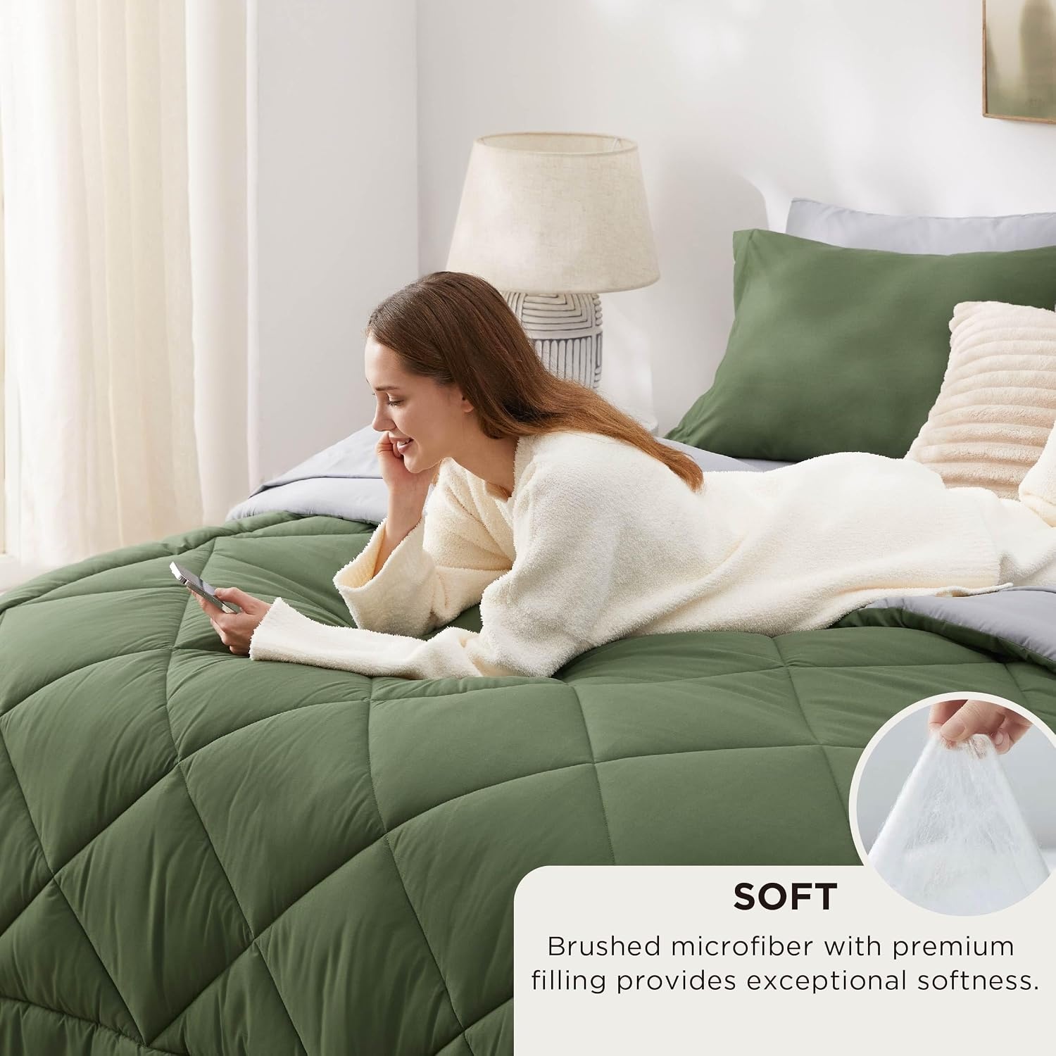 image:imageBedsure Twin XL Comforter 5 Pieces Reversible Blush Pink Bed in a Bag Twin XL Bedding Comforter Set College Dorm Essentials with 1 Flat Sheet 1 Fitted Sheet 1 Pillowcase and 1 Pillow Sham25 Olive GreenLight Grey
