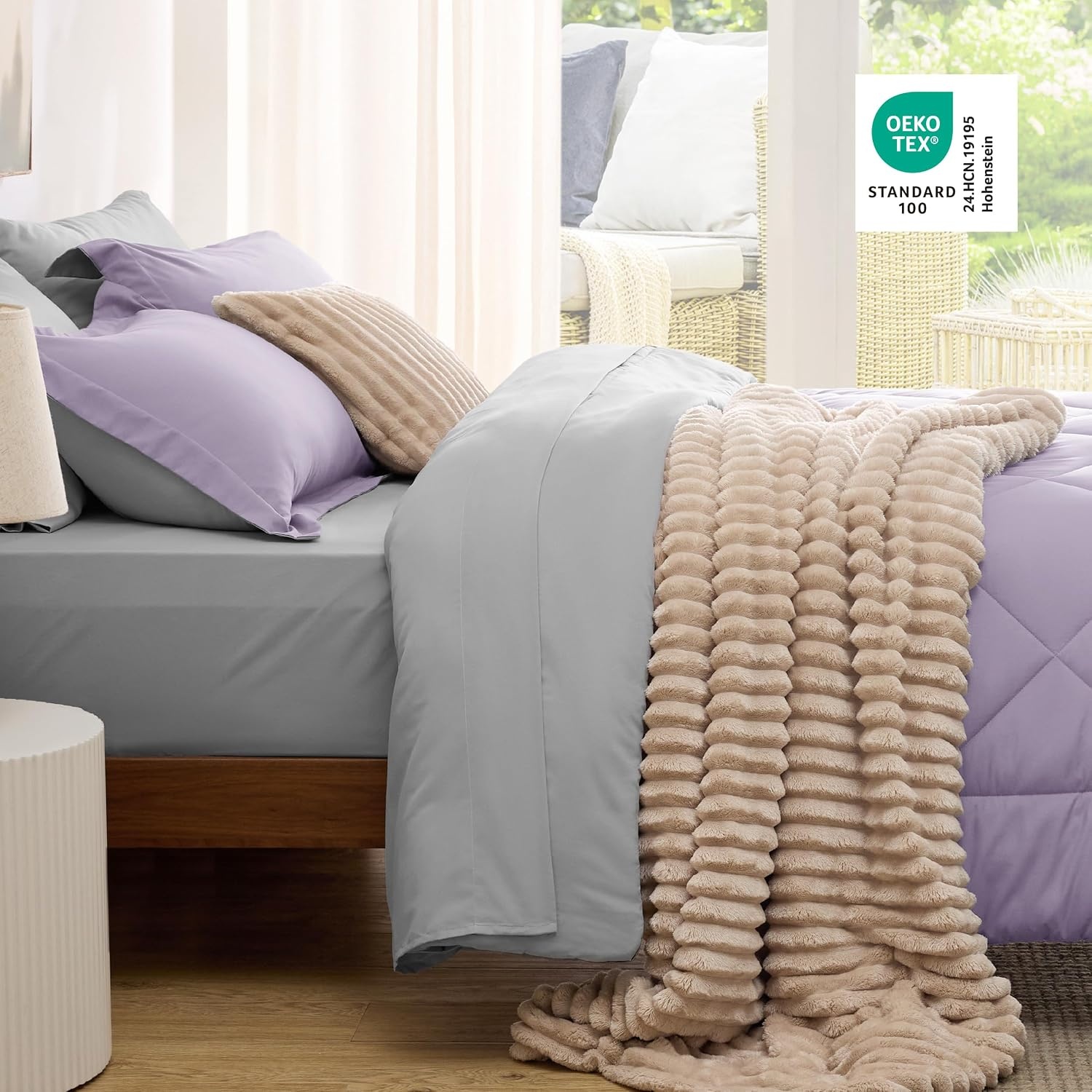 image:imageBedsure Twin XL Comforter 5 Pieces Reversible Blush Pink Bed in a Bag Twin XL Bedding Comforter Set College Dorm Essentials with 1 Flat Sheet 1 Fitted Sheet 1 Pillowcase and 1 Pillow Sham27 Light PurpleLight Grey