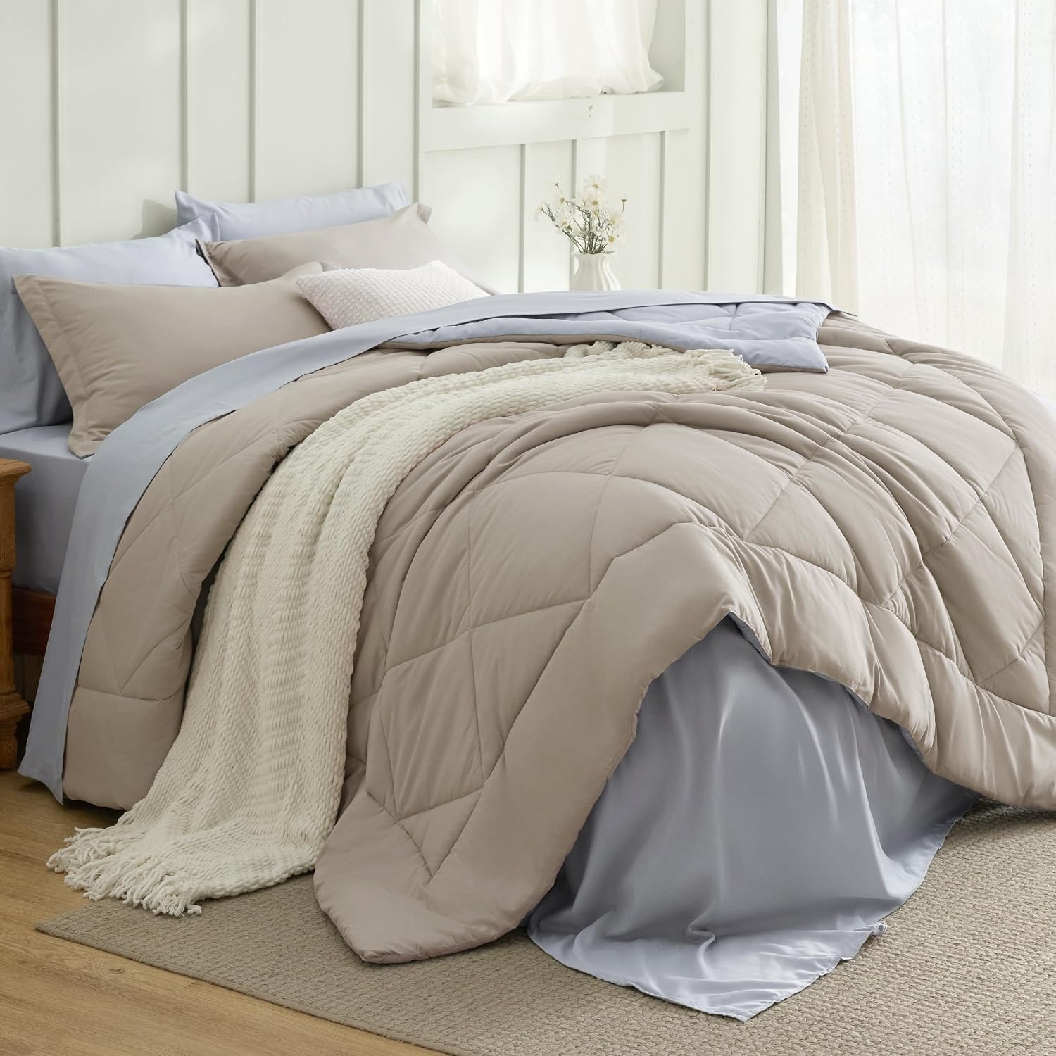 image:imageBedsure Twin XL Comforter 5 Pieces Reversible Blush Pink Bed in a Bag Twin XL Bedding Comforter Set College Dorm Essentials with 1 Flat Sheet 1 Fitted Sheet 1 Pillowcase and 1 Pillow Sham16 BeigeSilver Grey