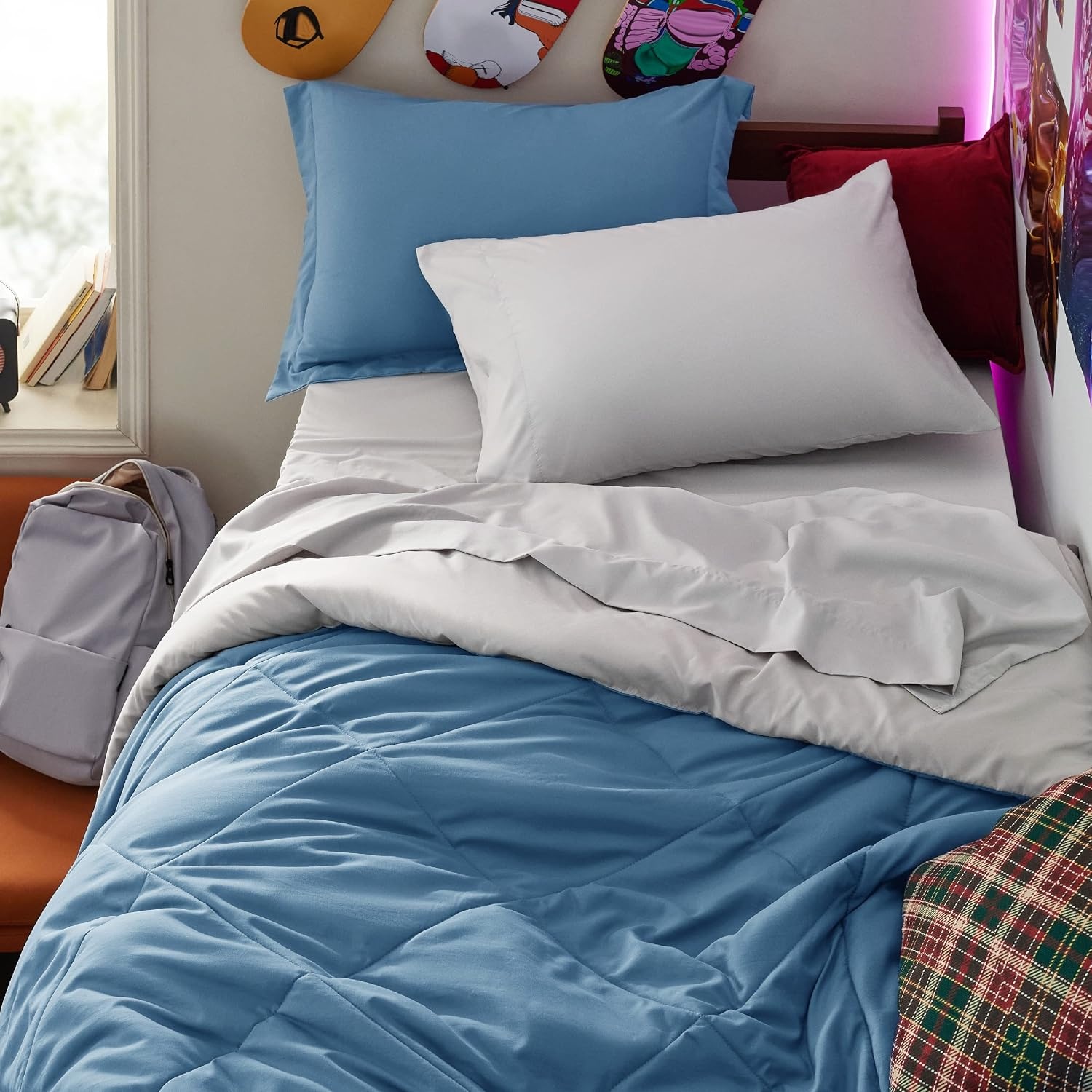image:imageBedsure Twin XL Comforter 5 Pieces Reversible Blush Pink Bed in a Bag Twin XL Bedding Comforter Set College Dorm Essentials with 1 Flat Sheet 1 Fitted Sheet 1 Pillowcase and 1 Pillow Sham12 Slate BlueLight Grey