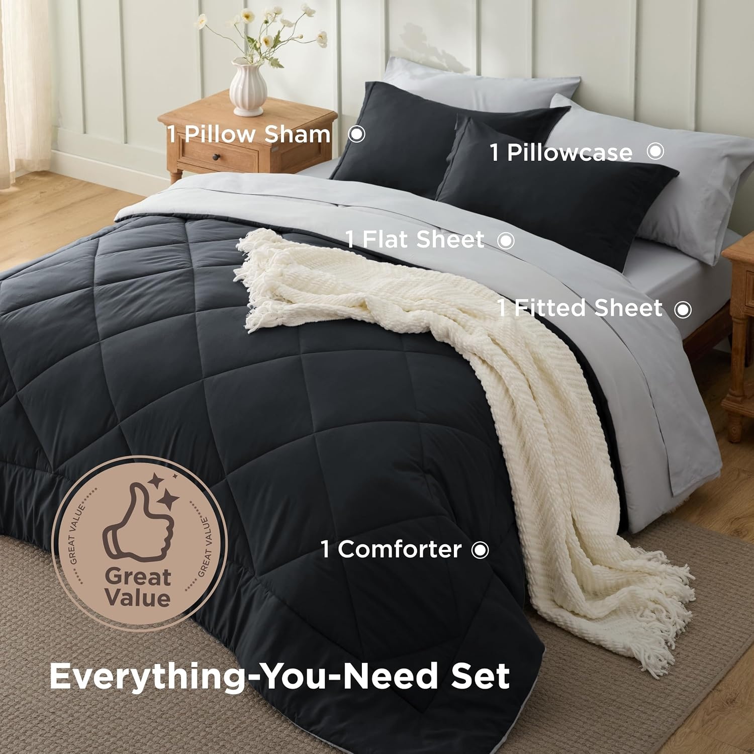 image:imageBedsure Twin XL Comforter 5 Pieces Reversible Blush Pink Bed in a Bag Twin XL Bedding Comforter Set College Dorm Essentials with 1 Flat Sheet 1 Fitted Sheet 1 Pillowcase and 1 Pillow Sham03 BlackSilver Grey