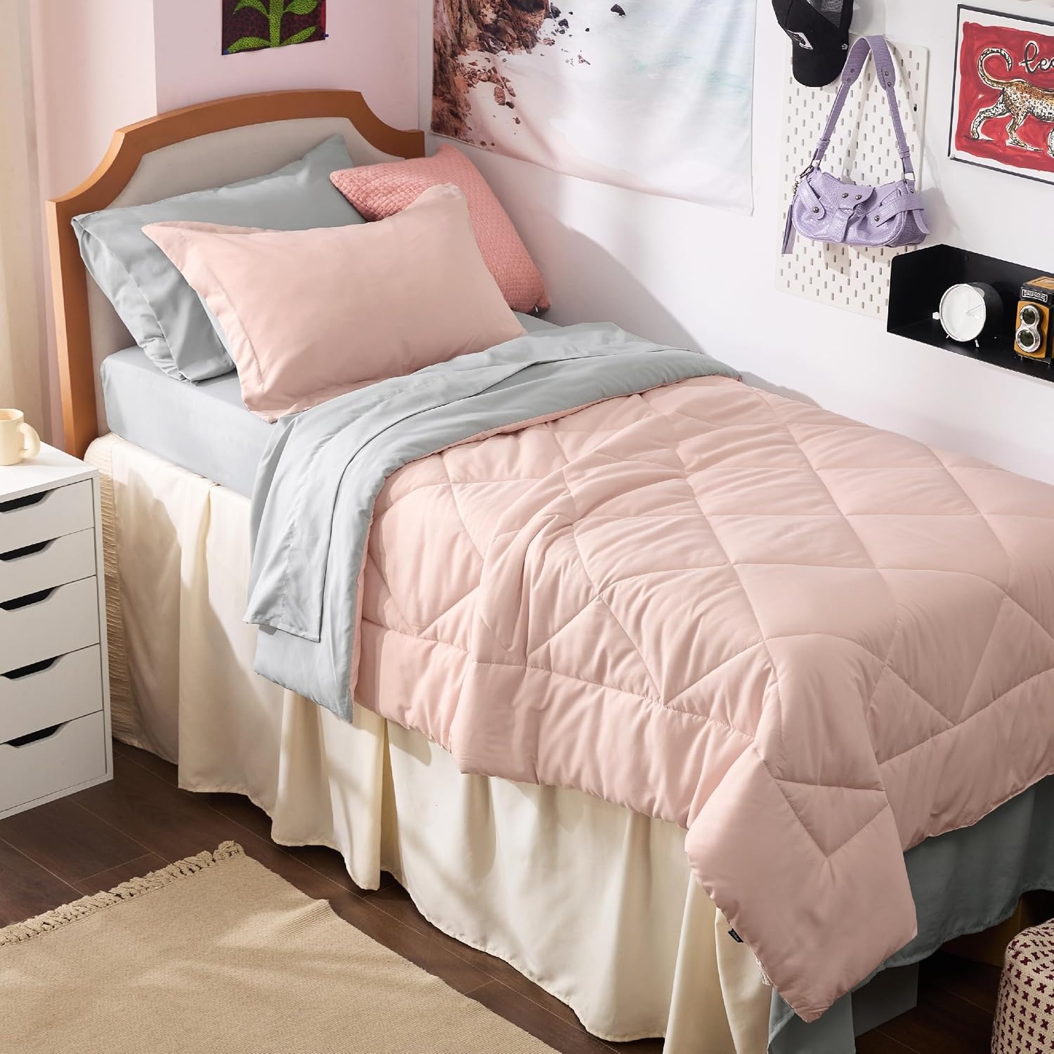 image:imageBedsure Twin XL Comforter 5 Pieces Reversible Blush Pink Bed in a Bag Twin XL Bedding Comforter Set College Dorm Essentials with 1 Flat Sheet 1 Fitted Sheet 1 Pillowcase and 1 Pillow Sham20 Blush PinkLight Grey