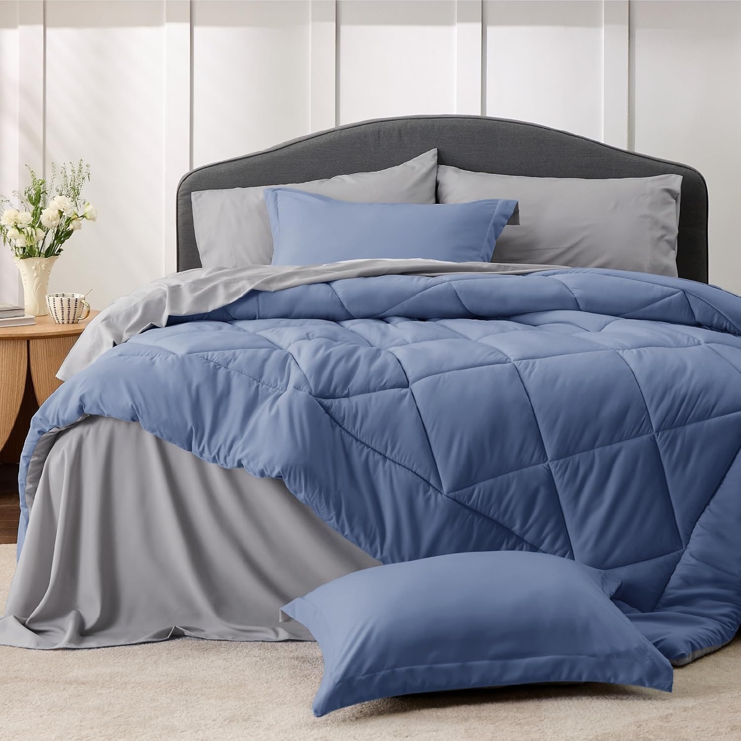 image:imageBedsure Twin XL Comforter 5 Pieces Reversible Blush Pink Bed in a Bag Twin XL Bedding Comforter Set College Dorm Essentials with 1 Flat Sheet 1 Fitted Sheet 1 Pillowcase and 1 Pillow Sham18 Infinity BlueLight Grey