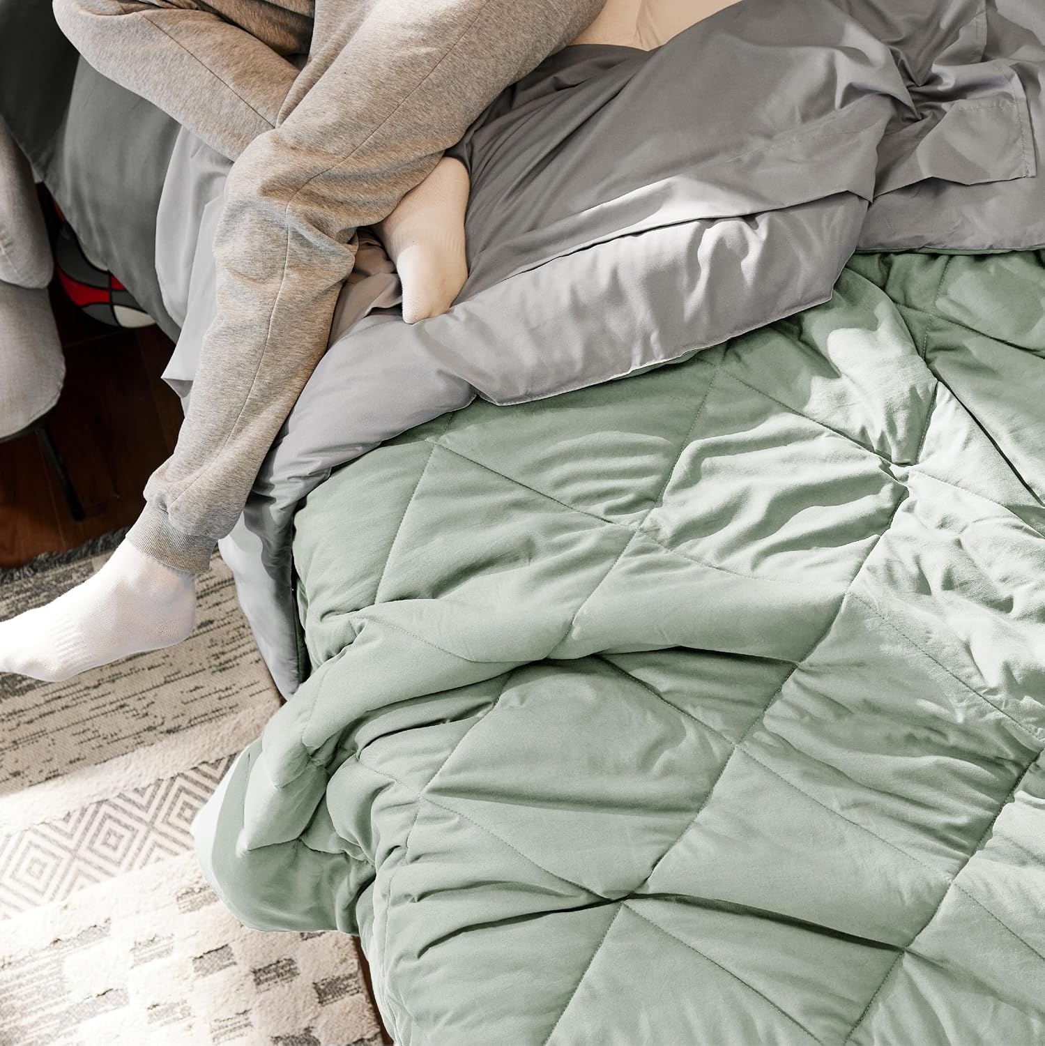 image:imageBedsure Twin XL Comforter 5 Pieces Reversible Blush Pink Bed in a Bag Twin XL Bedding Comforter Set College Dorm Essentials with 1 Flat Sheet 1 Fitted Sheet 1 Pillowcase and 1 Pillow Sham11 Sage GreenLight Grey