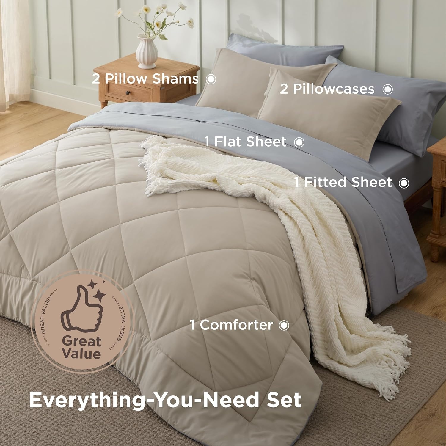 image:imageBedsure Twin XL Comforter 5 Pieces Reversible Blush Pink Bed in a Bag Twin XL Bedding Comforter Set College Dorm Essentials with 1 Flat Sheet 1 Fitted Sheet 1 Pillowcase and 1 Pillow Sham16 BeigeSilver Grey