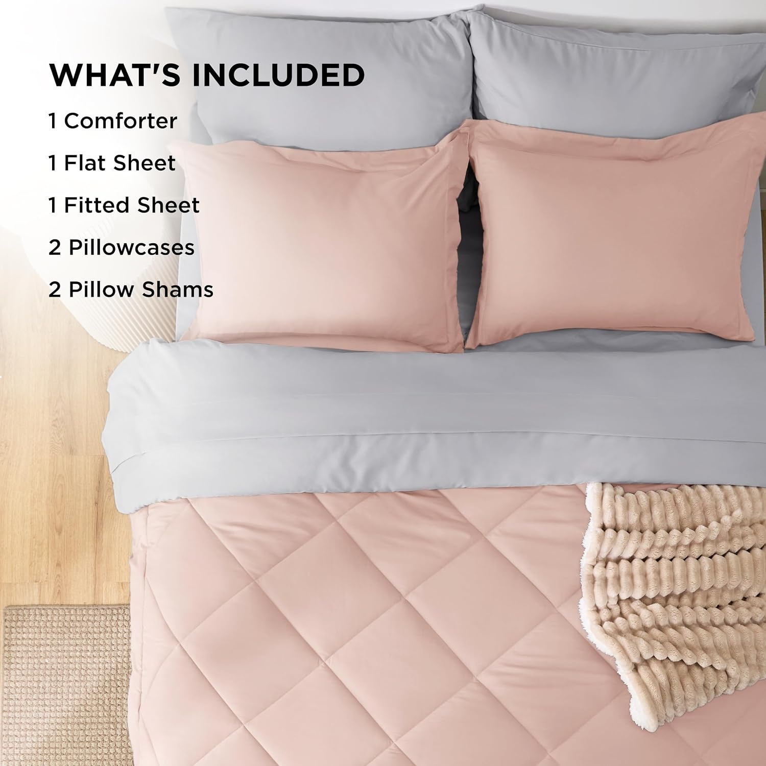 image:imageBedsure Twin XL Comforter 5 Pieces Reversible Blush Pink Bed in a Bag Twin XL Bedding Comforter Set College Dorm Essentials with 1 Flat Sheet 1 Fitted Sheet 1 Pillowcase and 1 Pillow Sham20 Blush PinkLight Grey