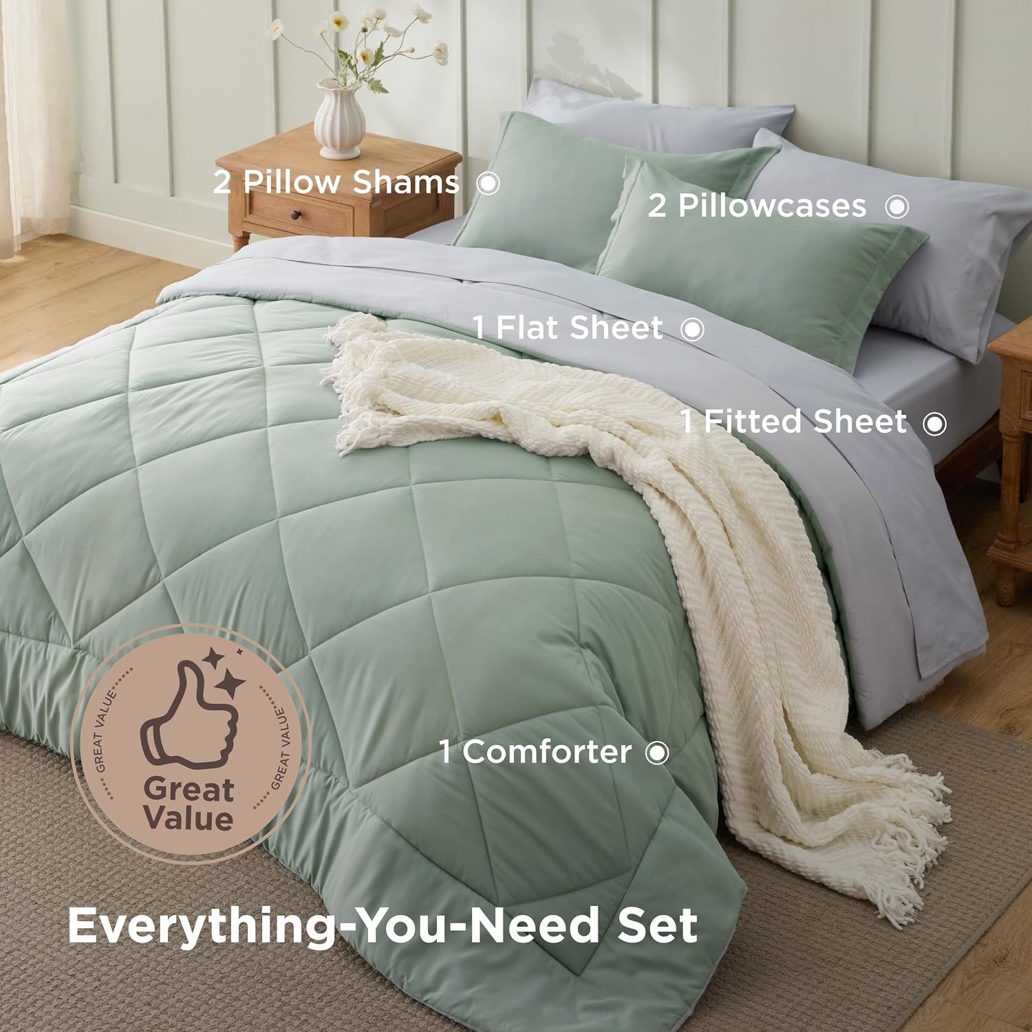 image:imageBedsure Twin XL Comforter 5 Pieces Reversible Blush Pink Bed in a Bag Twin XL Bedding Comforter Set College Dorm Essentials with 1 Flat Sheet 1 Fitted Sheet 1 Pillowcase and 1 Pillow Sham11 Sage GreenLight Grey