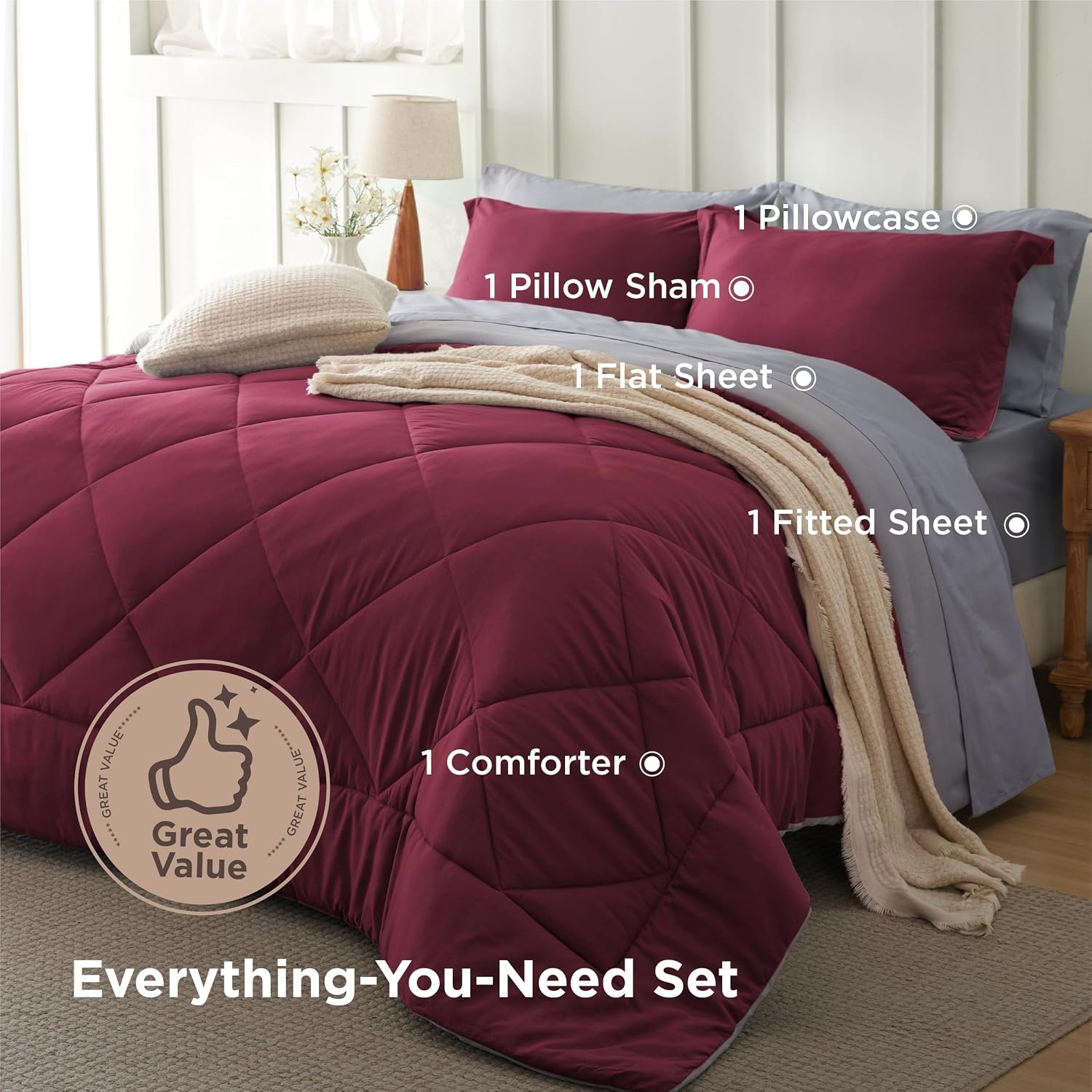 image:imageBedsure Twin XL Comforter 5 Pieces Reversible Blush Pink Bed in a Bag Twin XL Bedding Comforter Set College Dorm Essentials with 1 Flat Sheet 1 Fitted Sheet 1 Pillowcase and 1 Pillow Sham13 RedSilver Grey