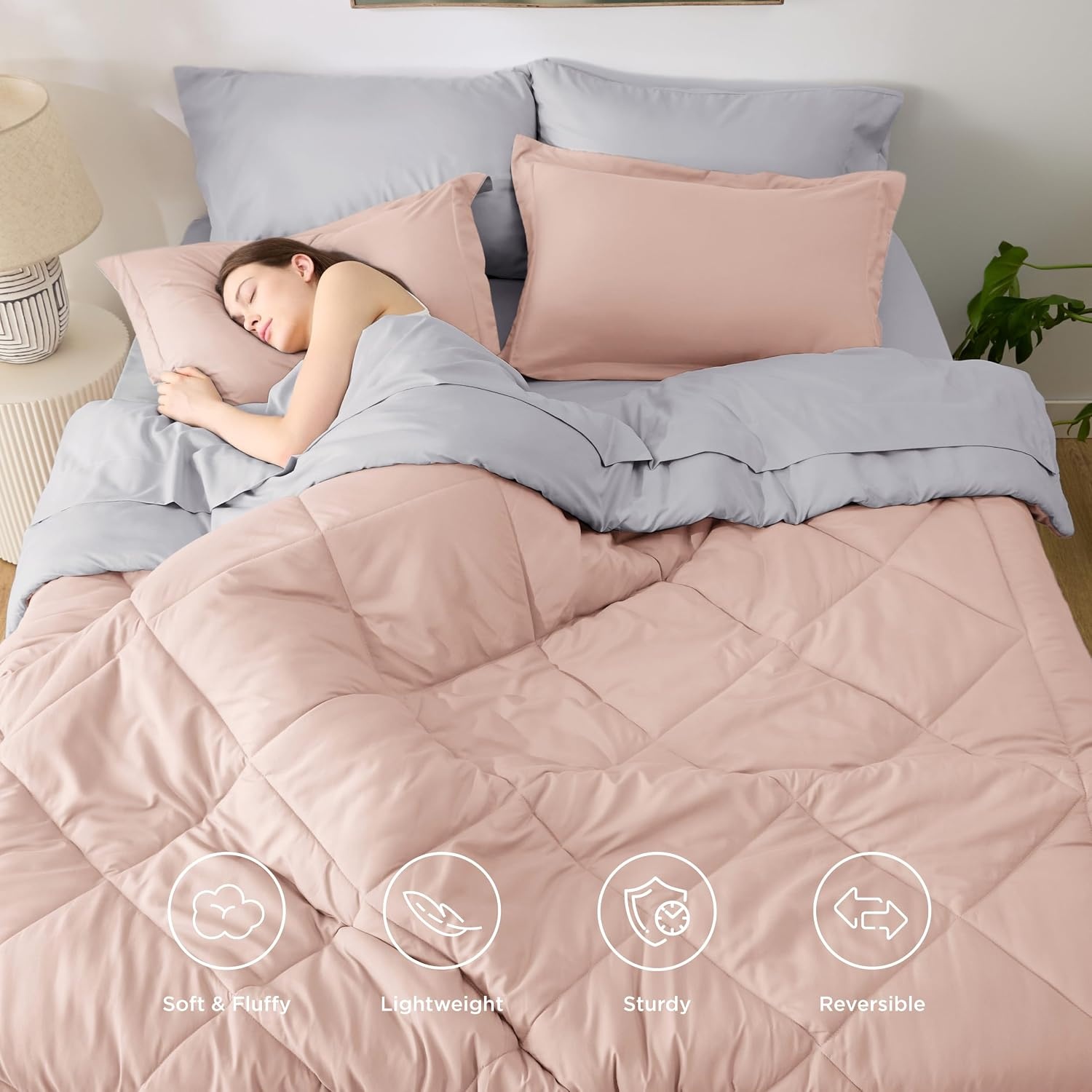 image:imageBedsure Twin XL Comforter 5 Pieces Reversible Blush Pink Bed in a Bag Twin XL Bedding Comforter Set College Dorm Essentials with 1 Flat Sheet 1 Fitted Sheet 1 Pillowcase and 1 Pillow Sham20 Blush PinkLight Grey