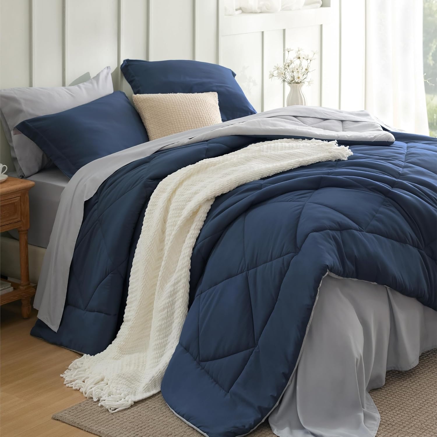 image:imageBedsure Twin XL Comforter 5 Pieces Reversible Blush Pink Bed in a Bag Twin XL Bedding Comforter Set College Dorm Essentials with 1 Flat Sheet 1 Fitted Sheet 1 Pillowcase and 1 Pillow Sham02 NavySilver Grey
