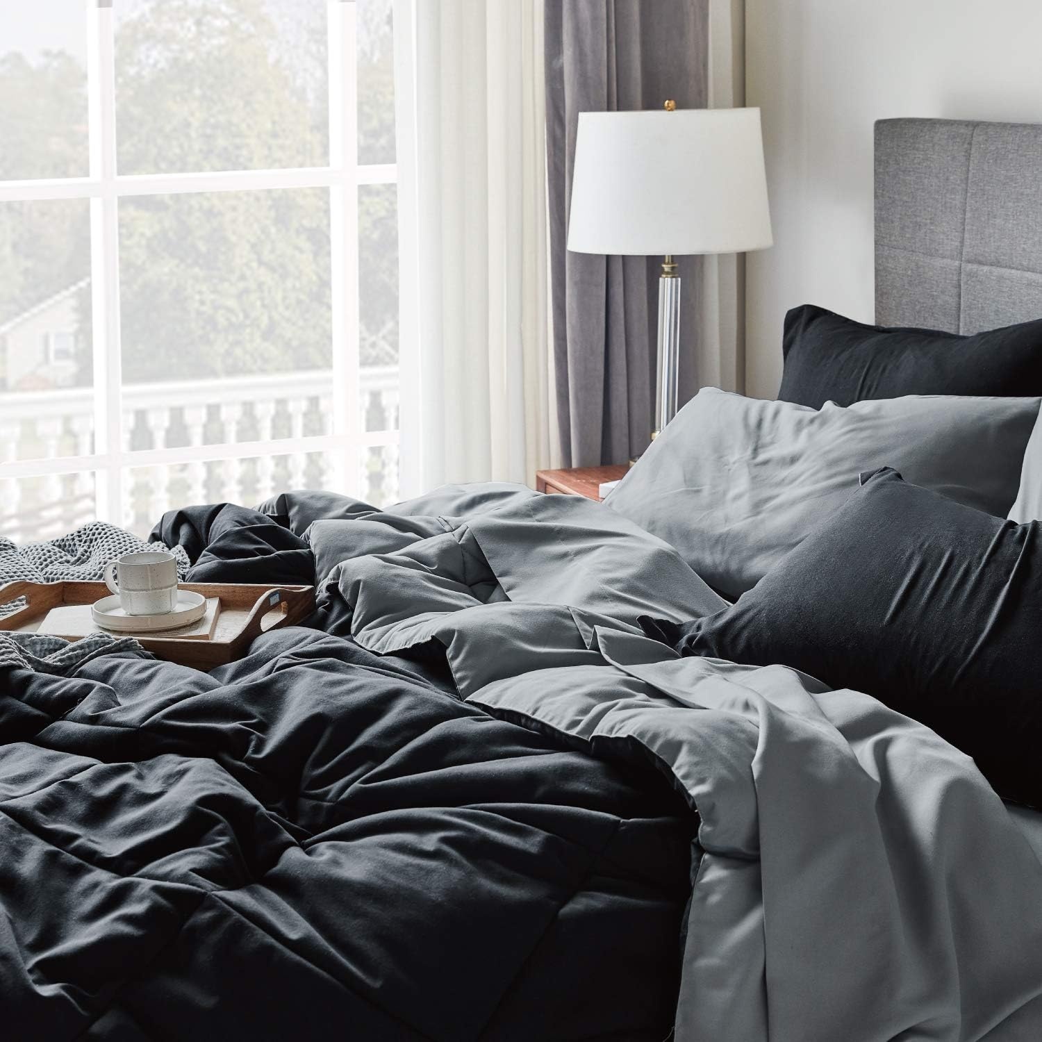 image:imageBedsure Twin XL Comforter 5 Pieces Reversible Blush Pink Bed in a Bag Twin XL Bedding Comforter Set College Dorm Essentials with 1 Flat Sheet 1 Fitted Sheet 1 Pillowcase and 1 Pillow Sham03 BlackSilver Grey