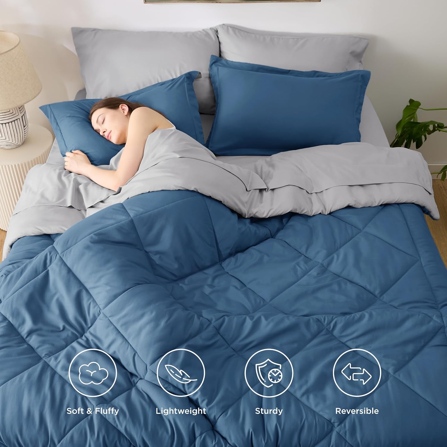 image:imageBedsure Twin XL Comforter 5 Pieces Reversible Blush Pink Bed in a Bag Twin XL Bedding Comforter Set College Dorm Essentials with 1 Flat Sheet 1 Fitted Sheet 1 Pillowcase and 1 Pillow Sham12 Slate BlueLight Grey
