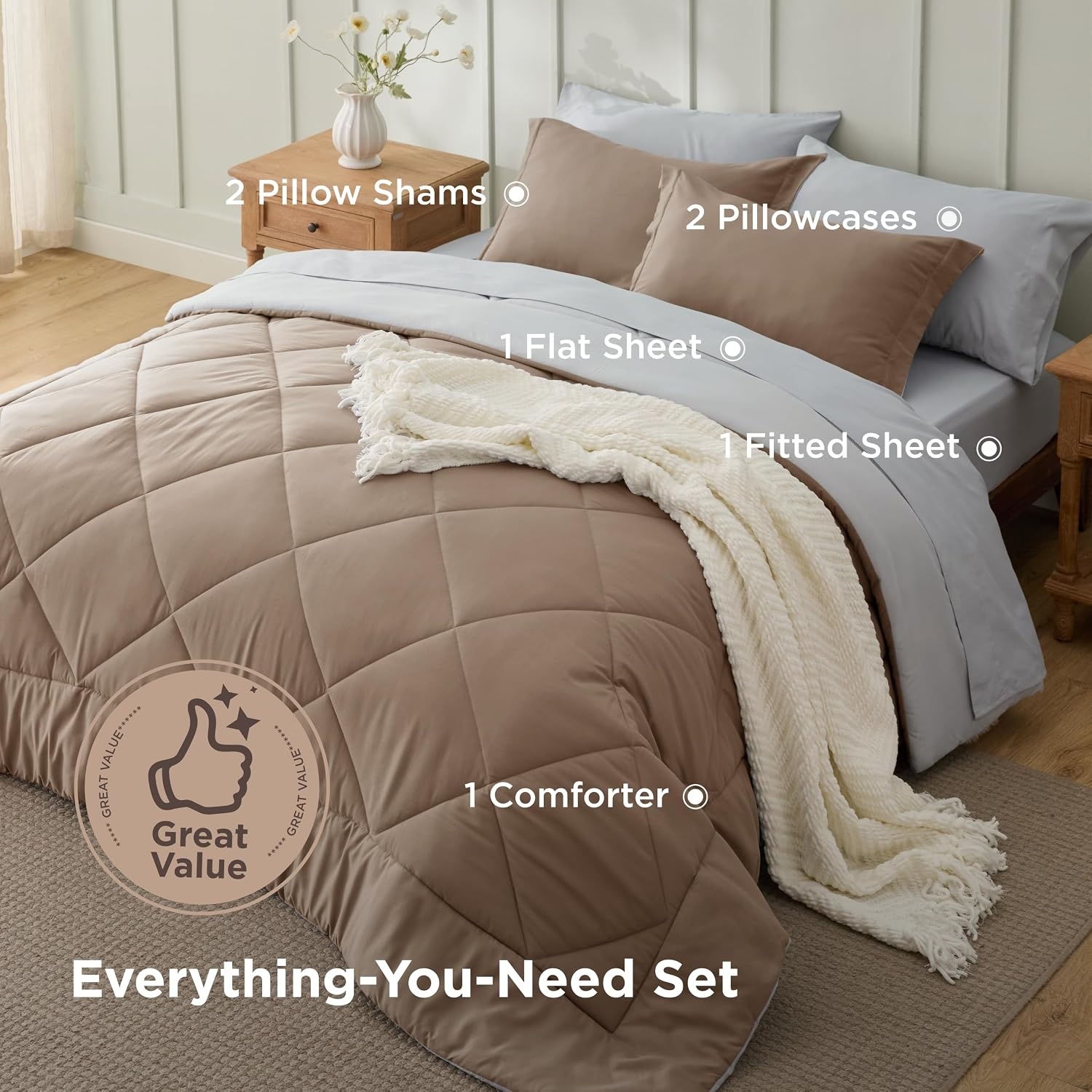 image:imageBedsure Twin XL Comforter 5 Pieces Reversible Blush Pink Bed in a Bag Twin XL Bedding Comforter Set College Dorm Essentials with 1 Flat Sheet 1 Fitted Sheet 1 Pillowcase and 1 Pillow Sham21 BrownLight Grey