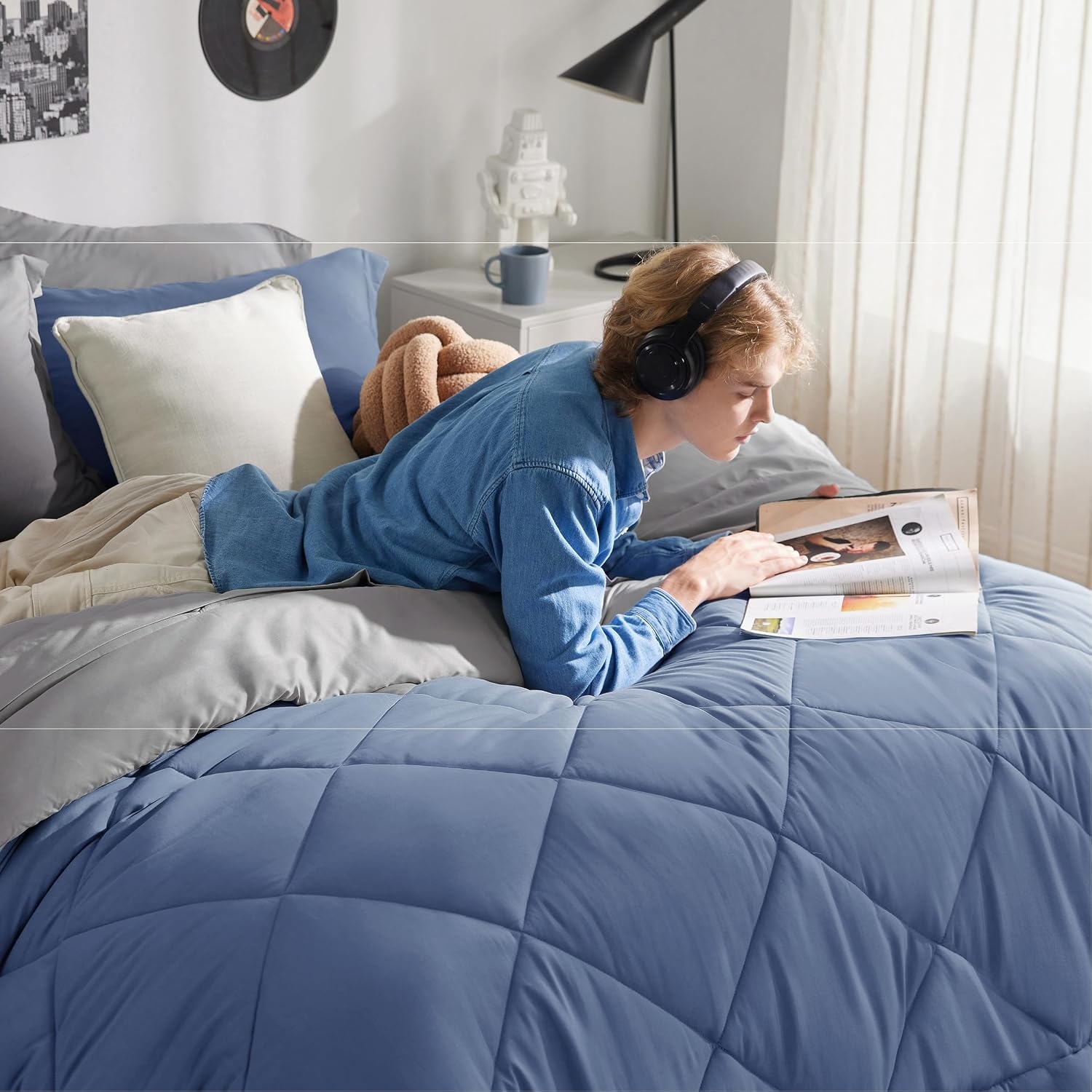 image:imageBedsure Twin XL Comforter 5 Pieces Reversible Blush Pink Bed in a Bag Twin XL Bedding Comforter Set College Dorm Essentials with 1 Flat Sheet 1 Fitted Sheet 1 Pillowcase and 1 Pillow Sham18 Infinity BlueLight Grey