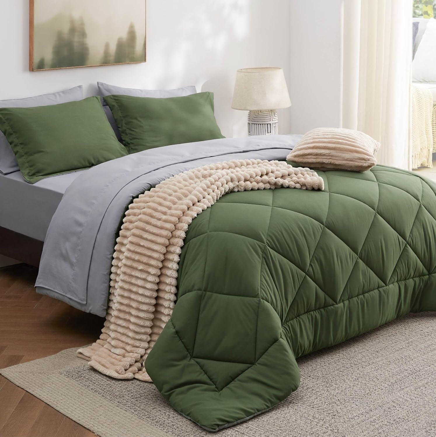 image:imageBedsure Twin XL Comforter 5 Pieces Reversible Blush Pink Bed in a Bag Twin XL Bedding Comforter Set College Dorm Essentials with 1 Flat Sheet 1 Fitted Sheet 1 Pillowcase and 1 Pillow Sham25 Olive GreenLight Grey
