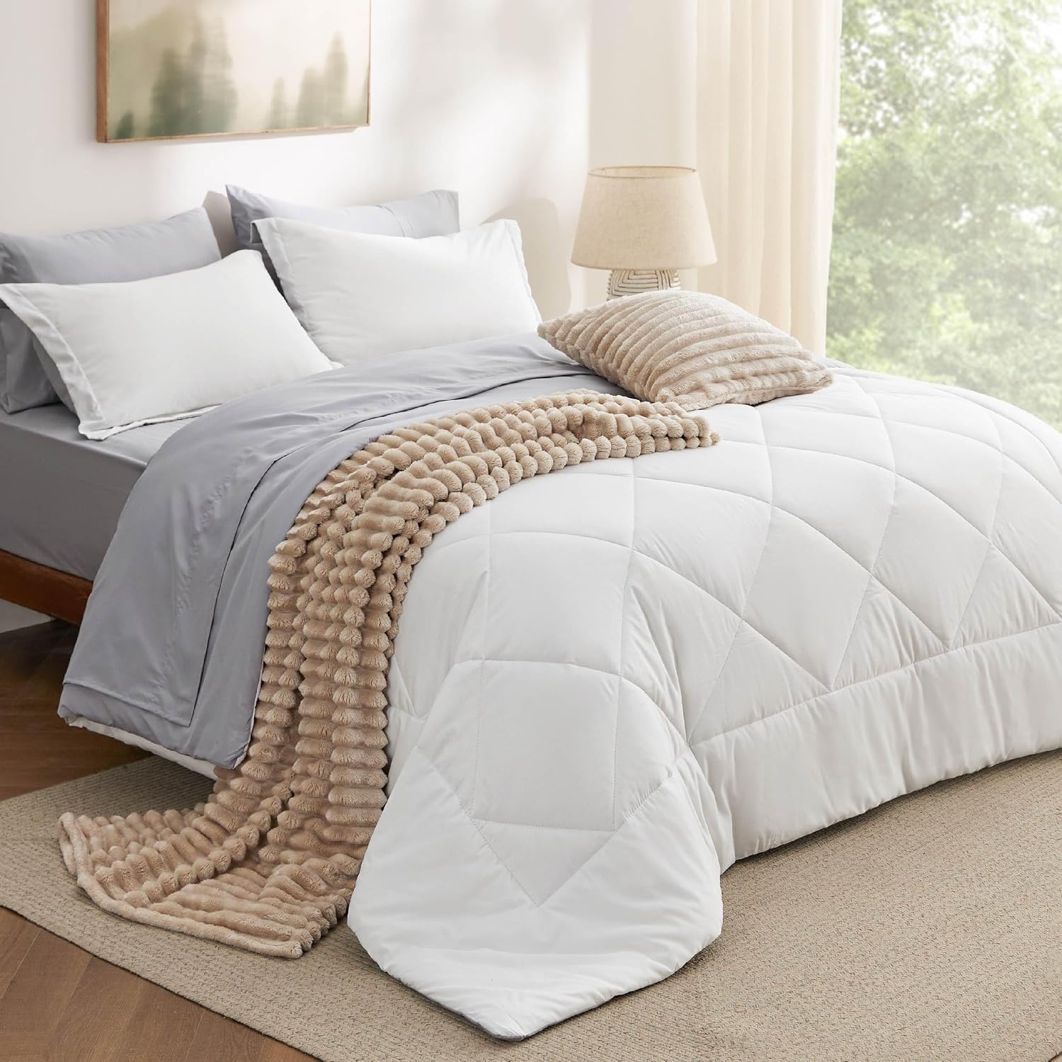 image:imageBedsure Twin XL Comforter 5 Pieces Reversible Blush Pink Bed in a Bag Twin XL Bedding Comforter Set College Dorm Essentials with 1 Flat Sheet 1 Fitted Sheet 1 Pillowcase and 1 Pillow Sham15 WhiteLight Grey