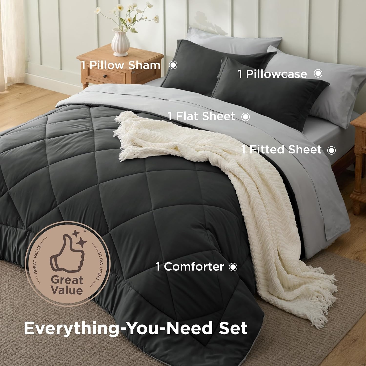 image:imageBedsure Twin XL Comforter 5 Pieces Reversible Blush Pink Bed in a Bag Twin XL Bedding Comforter Set College Dorm Essentials with 1 Flat Sheet 1 Fitted Sheet 1 Pillowcase and 1 Pillow Sham23 Charcoal GreyLight Grey