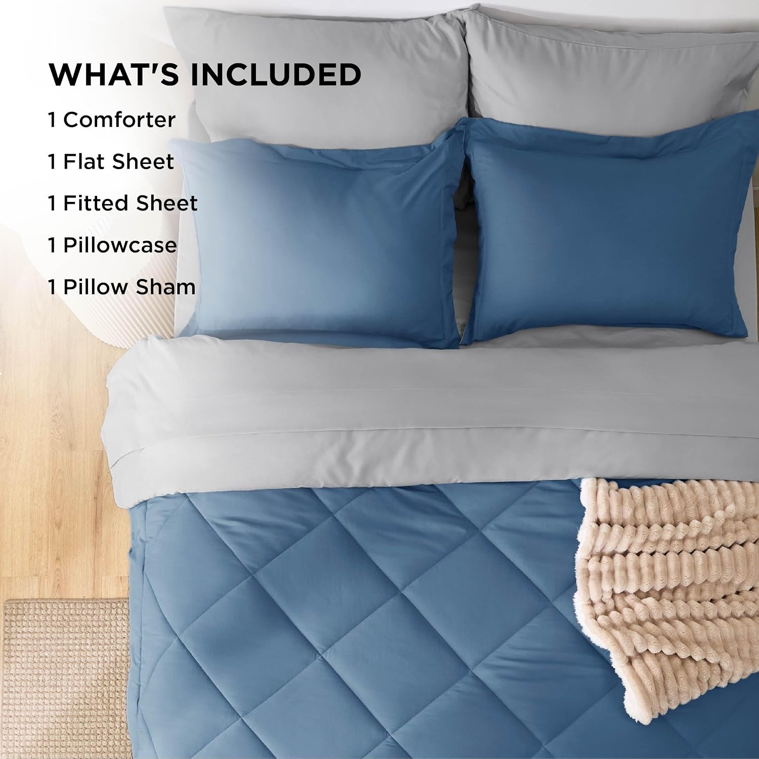 image:imageBedsure Twin XL Comforter 5 Pieces Reversible Blush Pink Bed in a Bag Twin XL Bedding Comforter Set College Dorm Essentials with 1 Flat Sheet 1 Fitted Sheet 1 Pillowcase and 1 Pillow Sham12 Slate BlueLight Grey