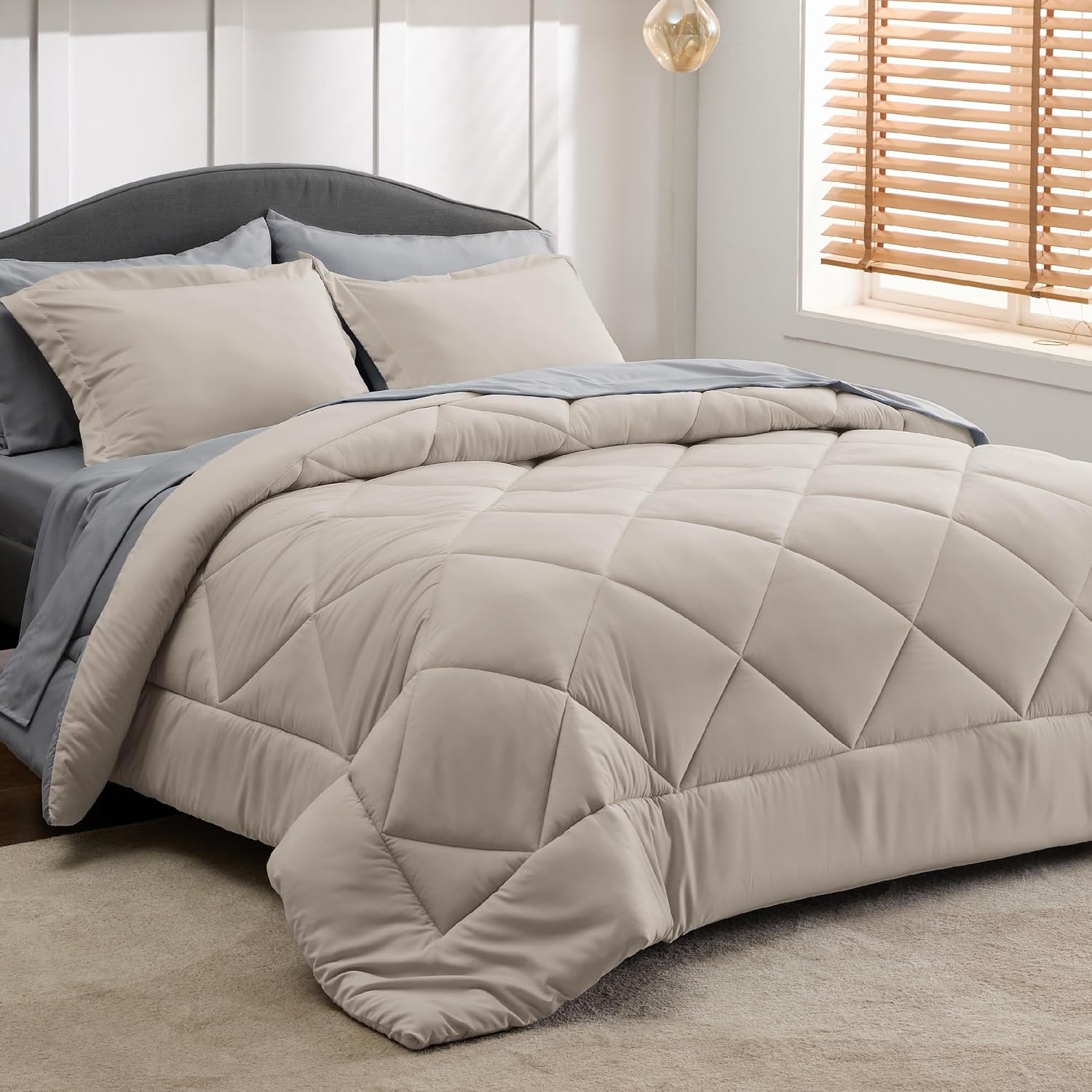 image:imageBedsure Twin XL Comforter 5 Pieces Reversible Blush Pink Bed in a Bag Twin XL Bedding Comforter Set College Dorm Essentials with 1 Flat Sheet 1 Fitted Sheet 1 Pillowcase and 1 Pillow Sham16 BeigeSilver Grey