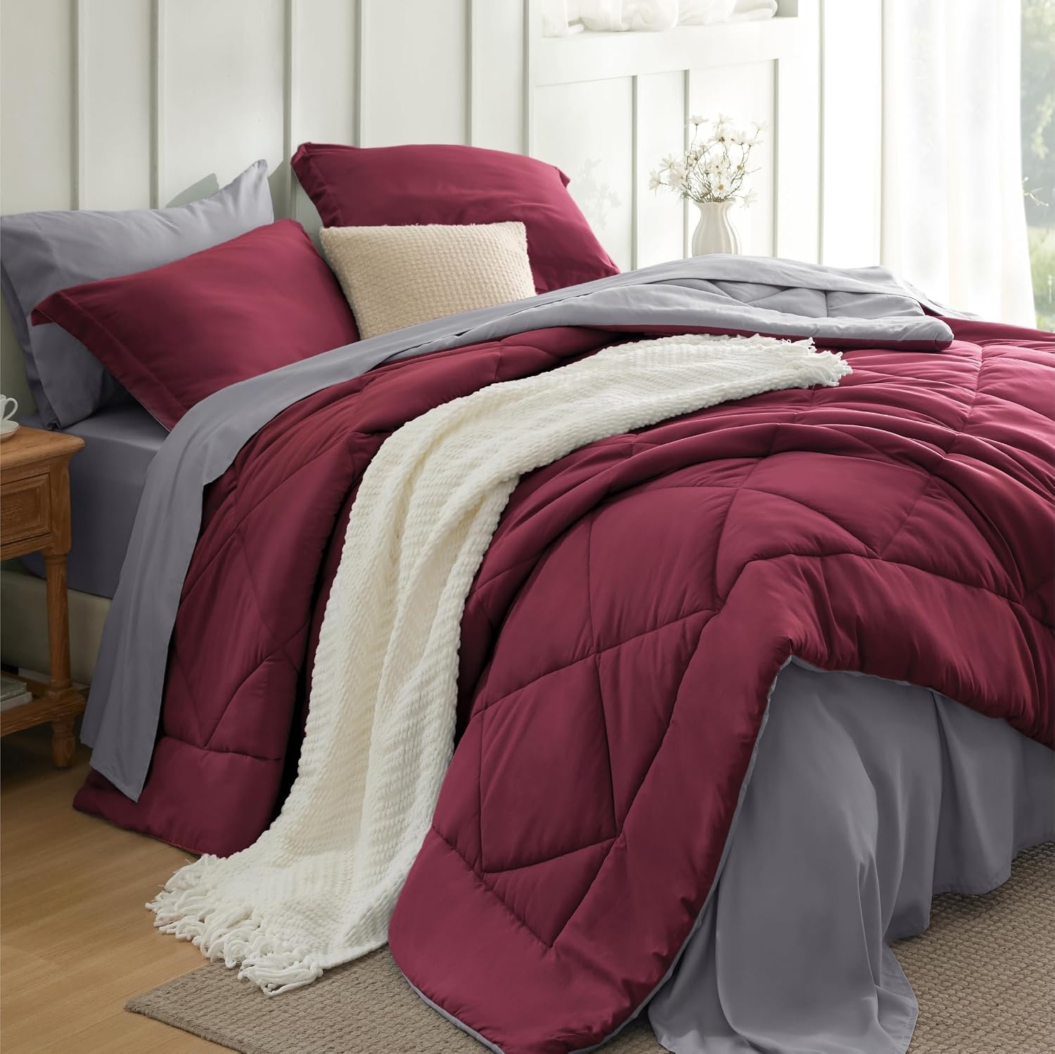 image:imageBedsure Twin XL Comforter 5 Pieces Reversible Blush Pink Bed in a Bag Twin XL Bedding Comforter Set College Dorm Essentials with 1 Flat Sheet 1 Fitted Sheet 1 Pillowcase and 1 Pillow Sham13 RedSilver Grey