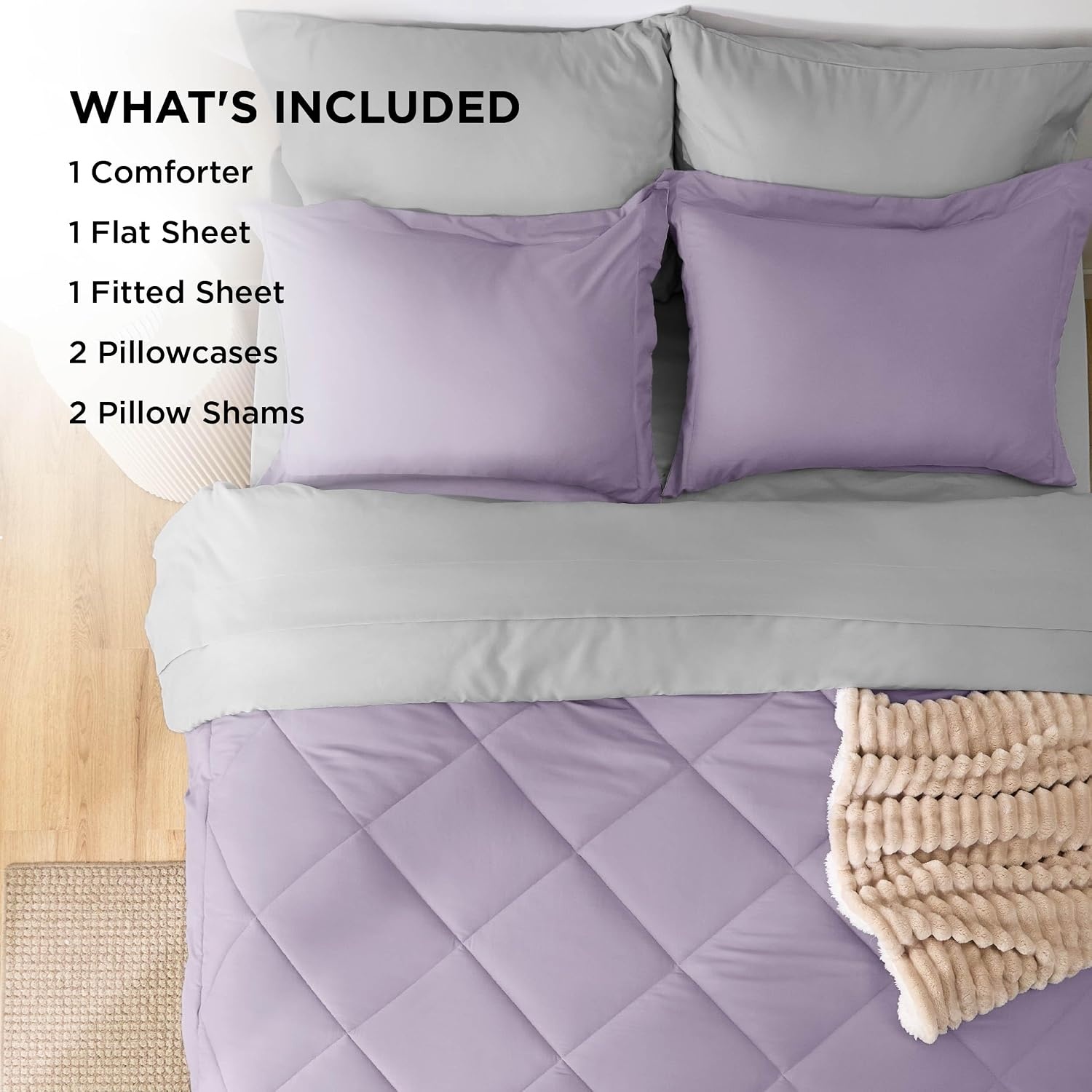 image:imageBedsure Twin XL Comforter 5 Pieces Reversible Blush Pink Bed in a Bag Twin XL Bedding Comforter Set College Dorm Essentials with 1 Flat Sheet 1 Fitted Sheet 1 Pillowcase and 1 Pillow Sham27 Light PurpleLight Grey