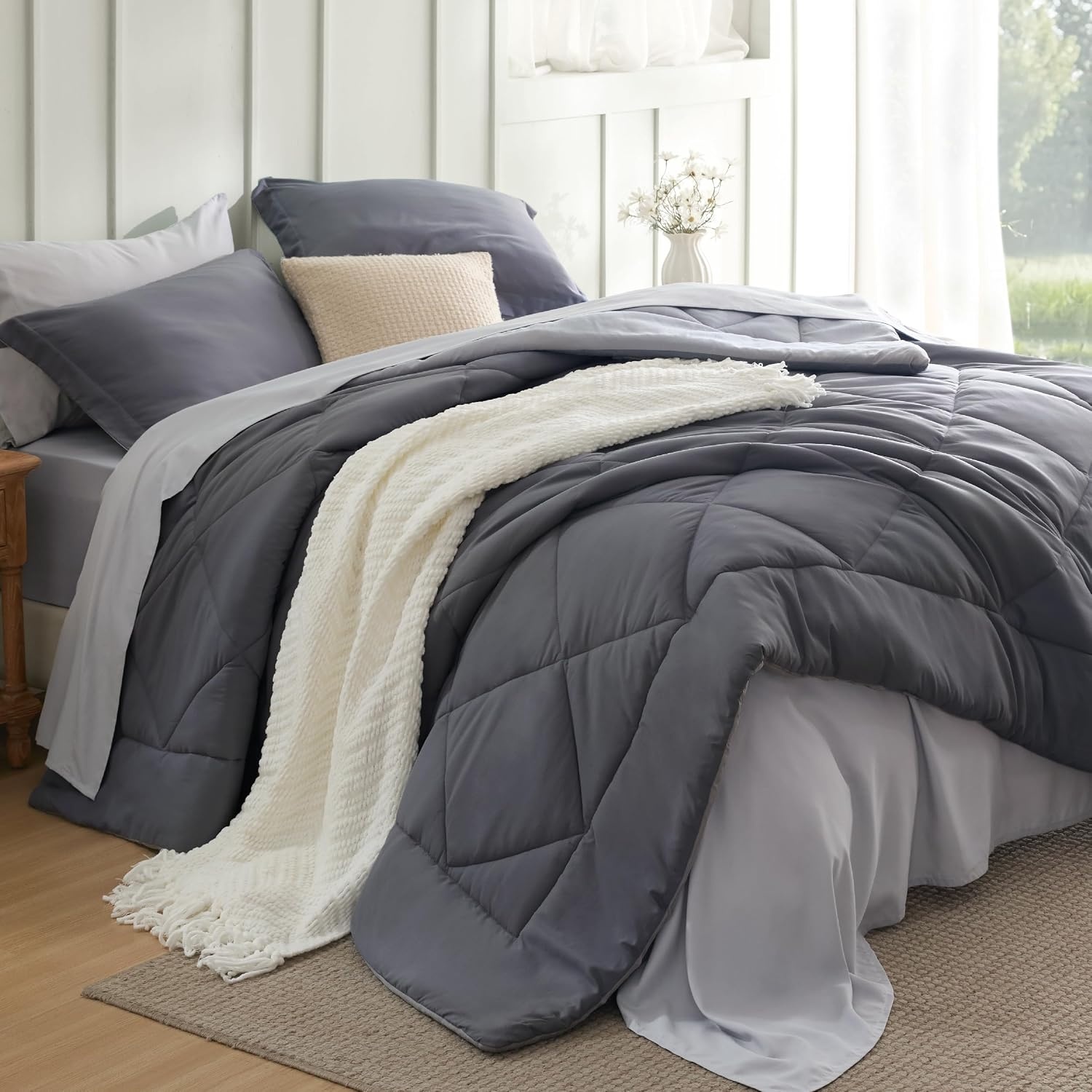 image:imageBedsure Twin XL Comforter 5 Pieces Reversible Blush Pink Bed in a Bag Twin XL Bedding Comforter Set College Dorm Essentials with 1 Flat Sheet 1 Fitted Sheet 1 Pillowcase and 1 Pillow Sham04 Dark GreyLight Grey