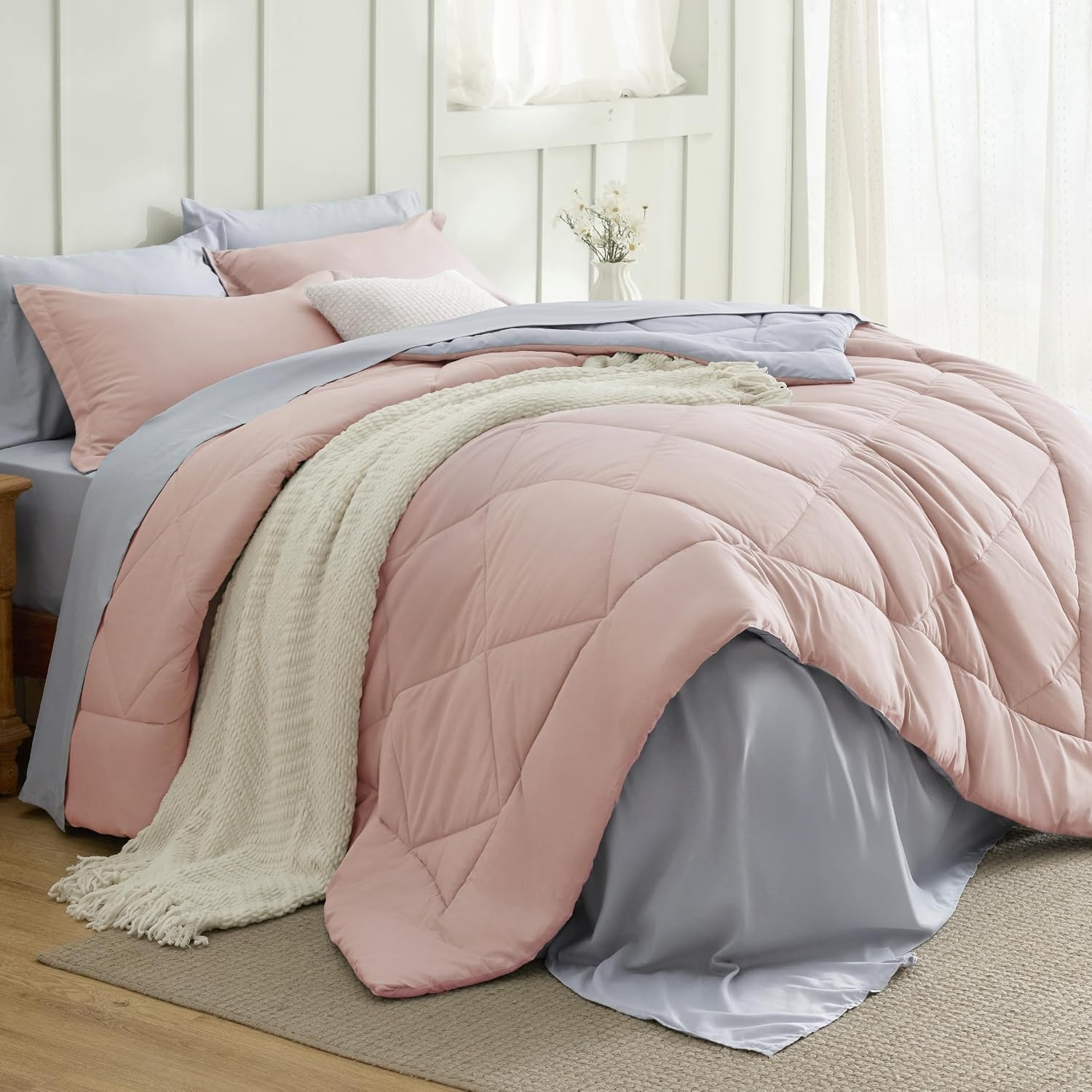 image:imageBedsure Twin XL Comforter 5 Pieces Reversible Blush Pink Bed in a Bag Twin XL Bedding Comforter Set College Dorm Essentials with 1 Flat Sheet 1 Fitted Sheet 1 Pillowcase and 1 Pillow Sham20 Blush PinkLight Grey
