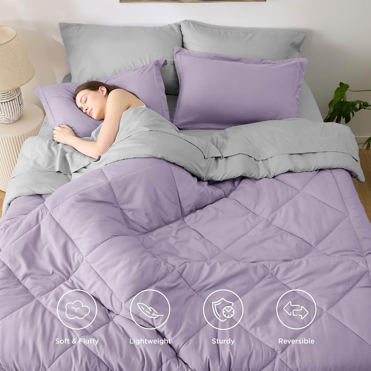 image:imageBedsure Twin XL Comforter 5 Pieces Reversible Blush Pink Bed in a Bag Twin XL Bedding Comforter Set College Dorm Essentials with 1 Flat Sheet 1 Fitted Sheet 1 Pillowcase and 1 Pillow Sham27 Light PurpleLight Grey