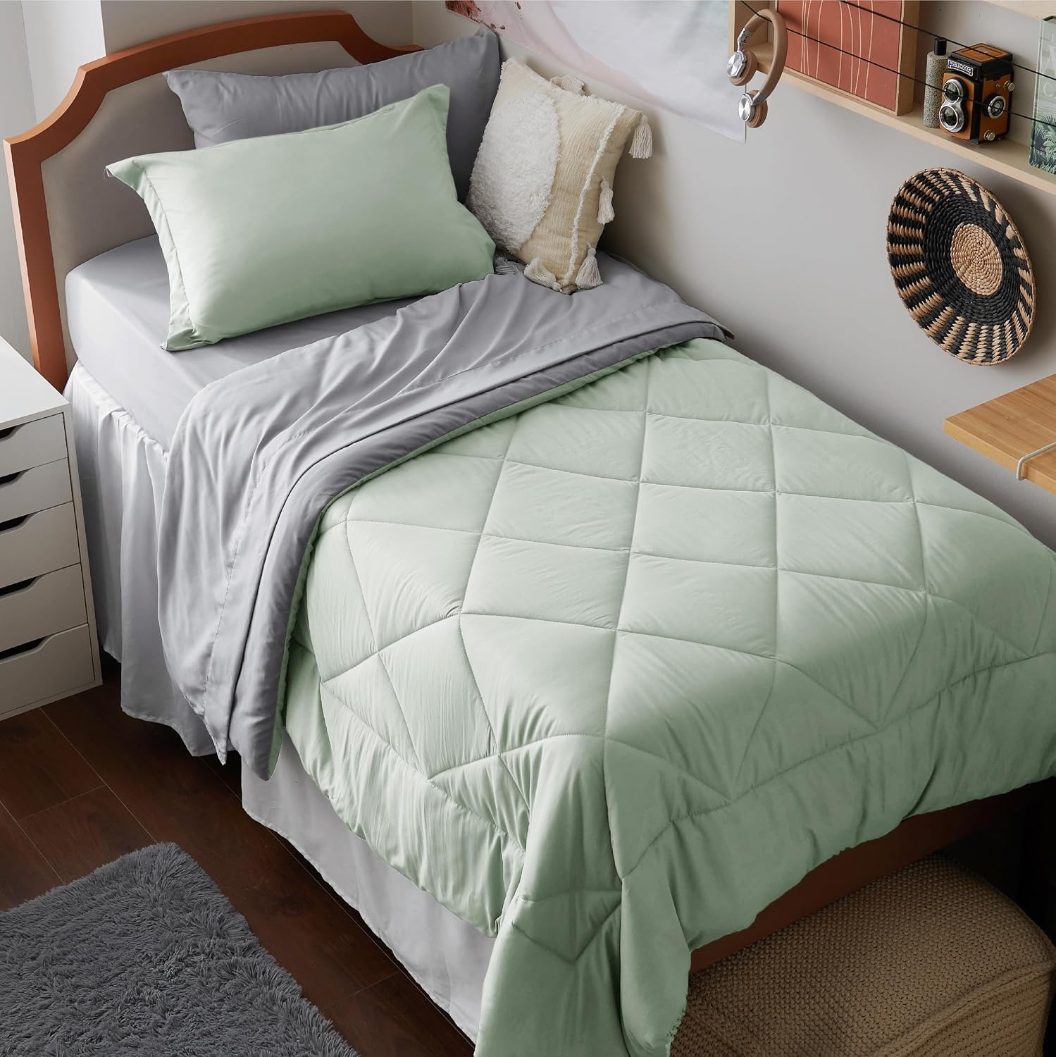 image:imageBedsure Twin XL Comforter 5 Pieces Reversible Blush Pink Bed in a Bag Twin XL Bedding Comforter Set College Dorm Essentials with 1 Flat Sheet 1 Fitted Sheet 1 Pillowcase and 1 Pillow Sham11 Sage GreenLight Grey