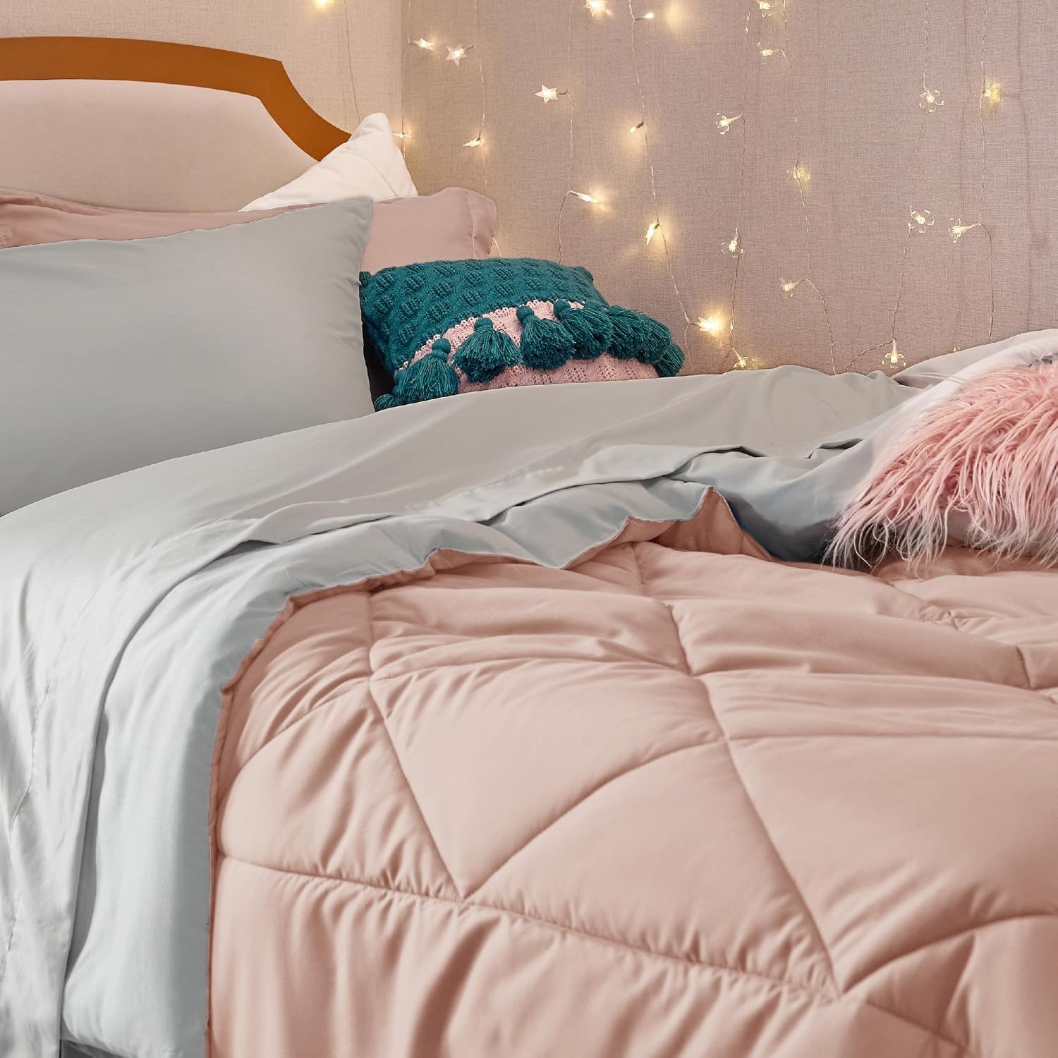 image:imageBedsure Twin XL Comforter 5 Pieces Reversible Blush Pink Bed in a Bag Twin XL Bedding Comforter Set College Dorm Essentials with 1 Flat Sheet 1 Fitted Sheet 1 Pillowcase and 1 Pillow Sham20 Blush PinkLight Grey