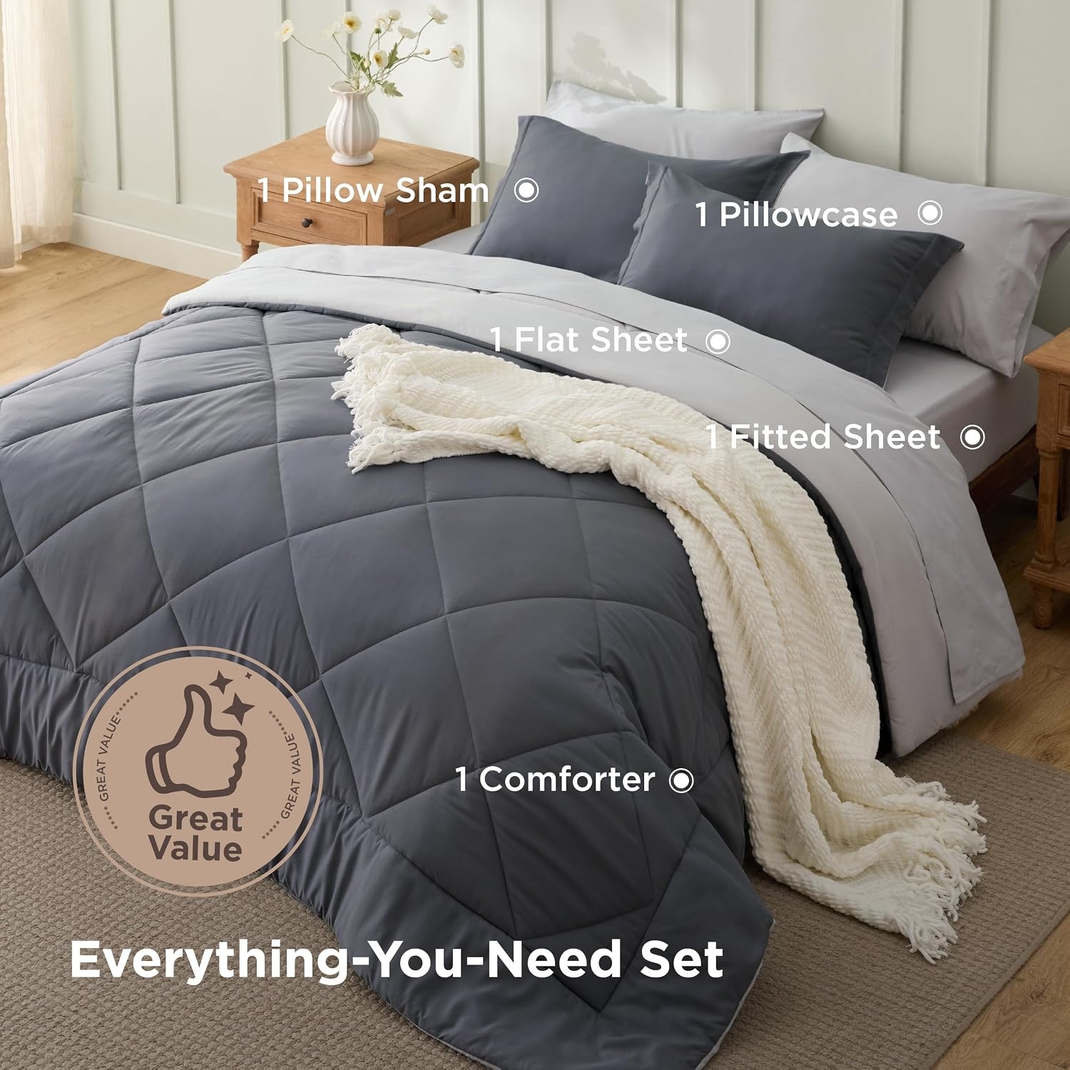 image:imageBedsure Twin XL Comforter 5 Pieces Reversible Blush Pink Bed in a Bag Twin XL Bedding Comforter Set College Dorm Essentials with 1 Flat Sheet 1 Fitted Sheet 1 Pillowcase and 1 Pillow Sham04 Dark GreyLight Grey